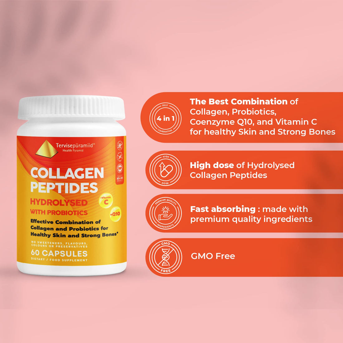 Health Pyramid Collagen Peptides Capsules Hydrolysed with Probiotics, Vitamin C, and Coenzyme Q10 for Healthy Skin and Strong Bones, Collagen Capsules for Women and Men