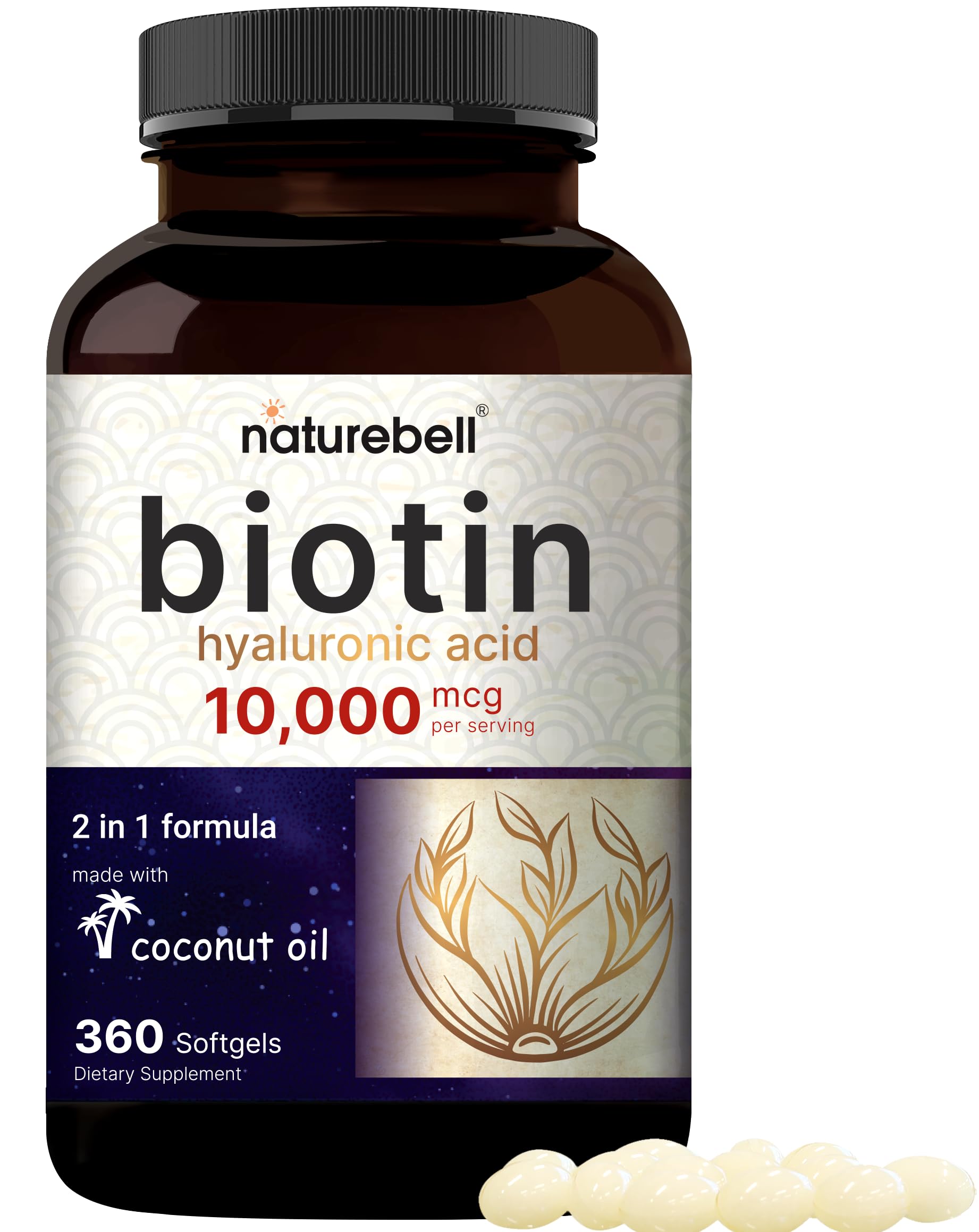Biotin 10000mcg + Hyaluronic Acid 25mg | 360 Coconut Oil Softgels, Premium Biotin Vitamins for Hair Skin and Nails, Highly Purified and Bioavailable, Quick Release