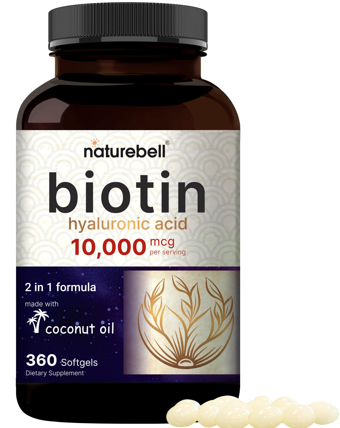 Biotin 10000mcg + Hyaluronic Acid 25mg | 360 Coconut Oil Softgels, Premium Biotin Vitamins for Hair Skin and Nails, Highly Purified and Bioavailable, Quick Release