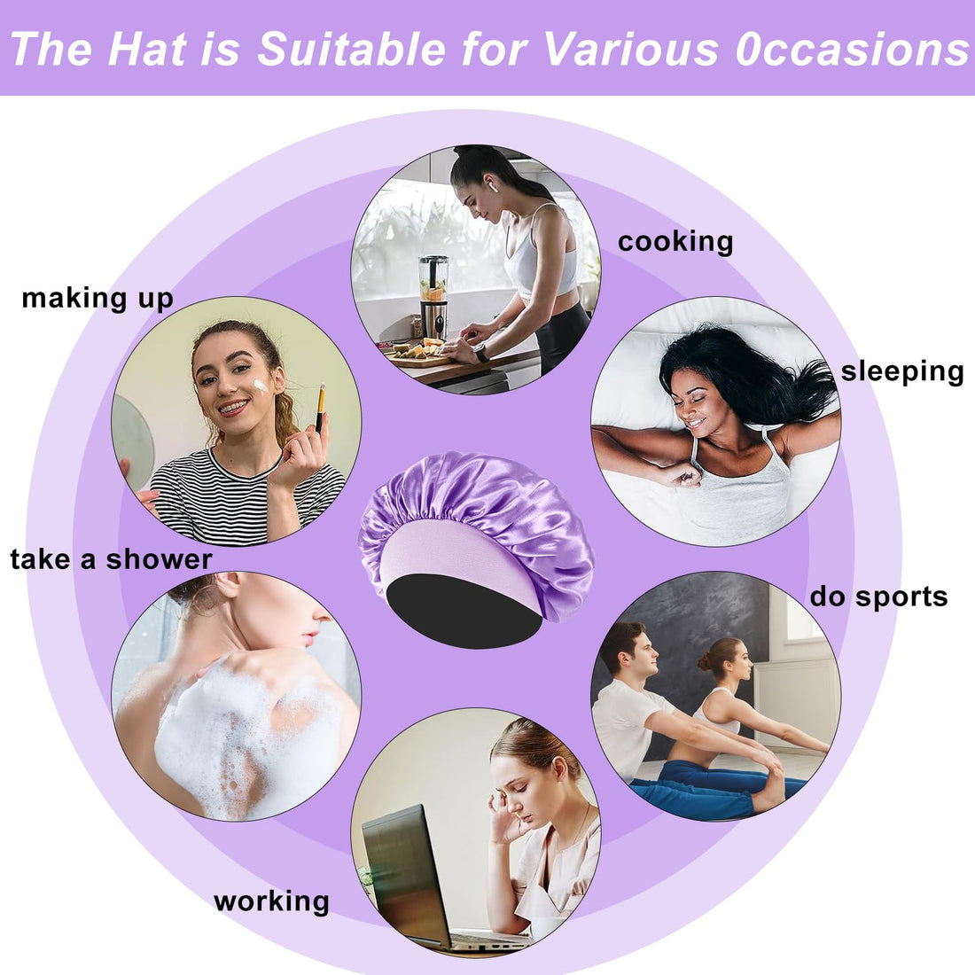 4PCS Silk Bonnet for Sleeping - Satin Bonnets for Black Women & Men, Elastic Wide Band Hair Wrap Cap for Curly Hair, Shower Cap (Black, Sapphire Blue, Pink, Purple)