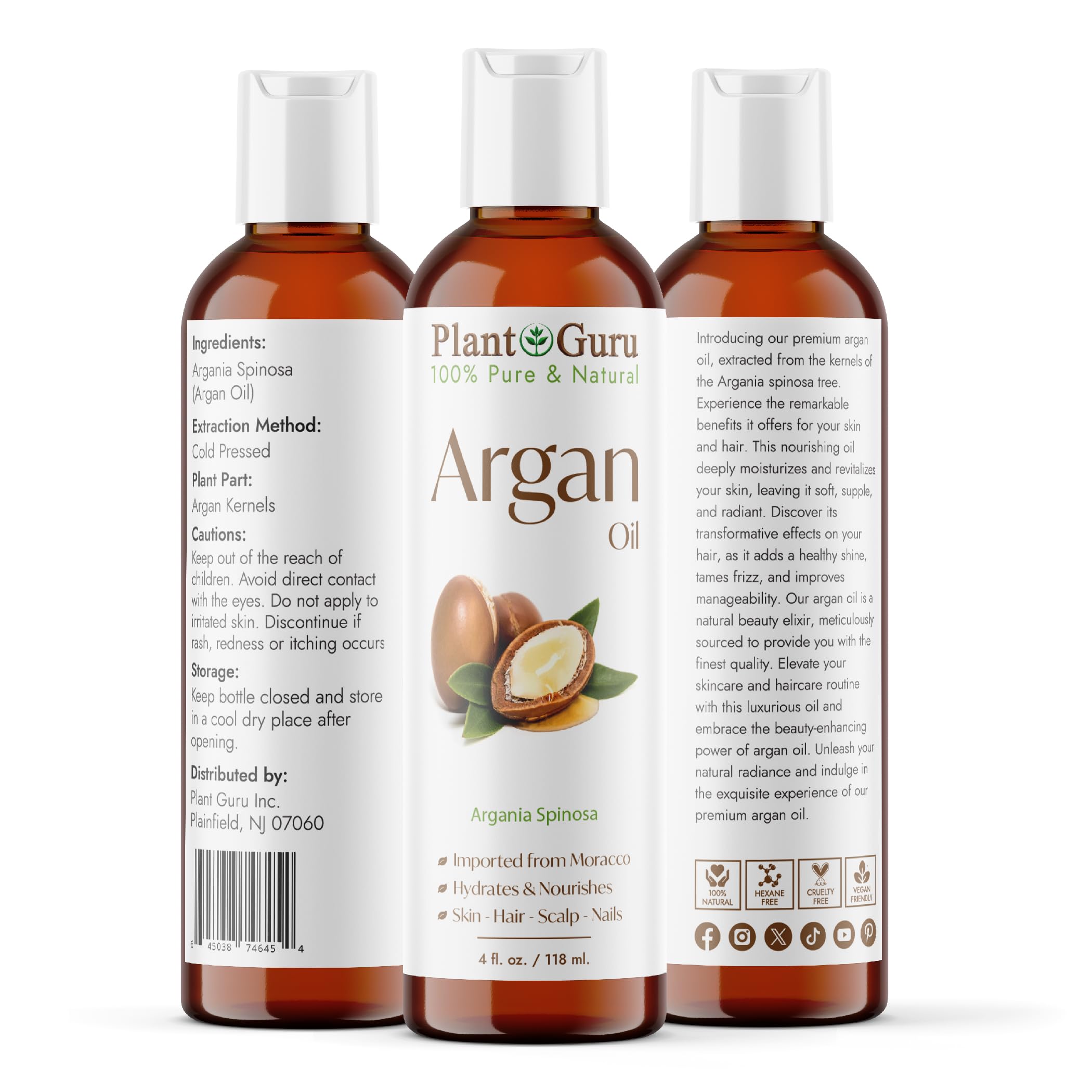 Argan Oil 4 fl. oz. Morocco Virgin, Cold Pressed 100 Pure Natural - Stimulates Hair Growth, Skin, Face And Body Moisturizer.