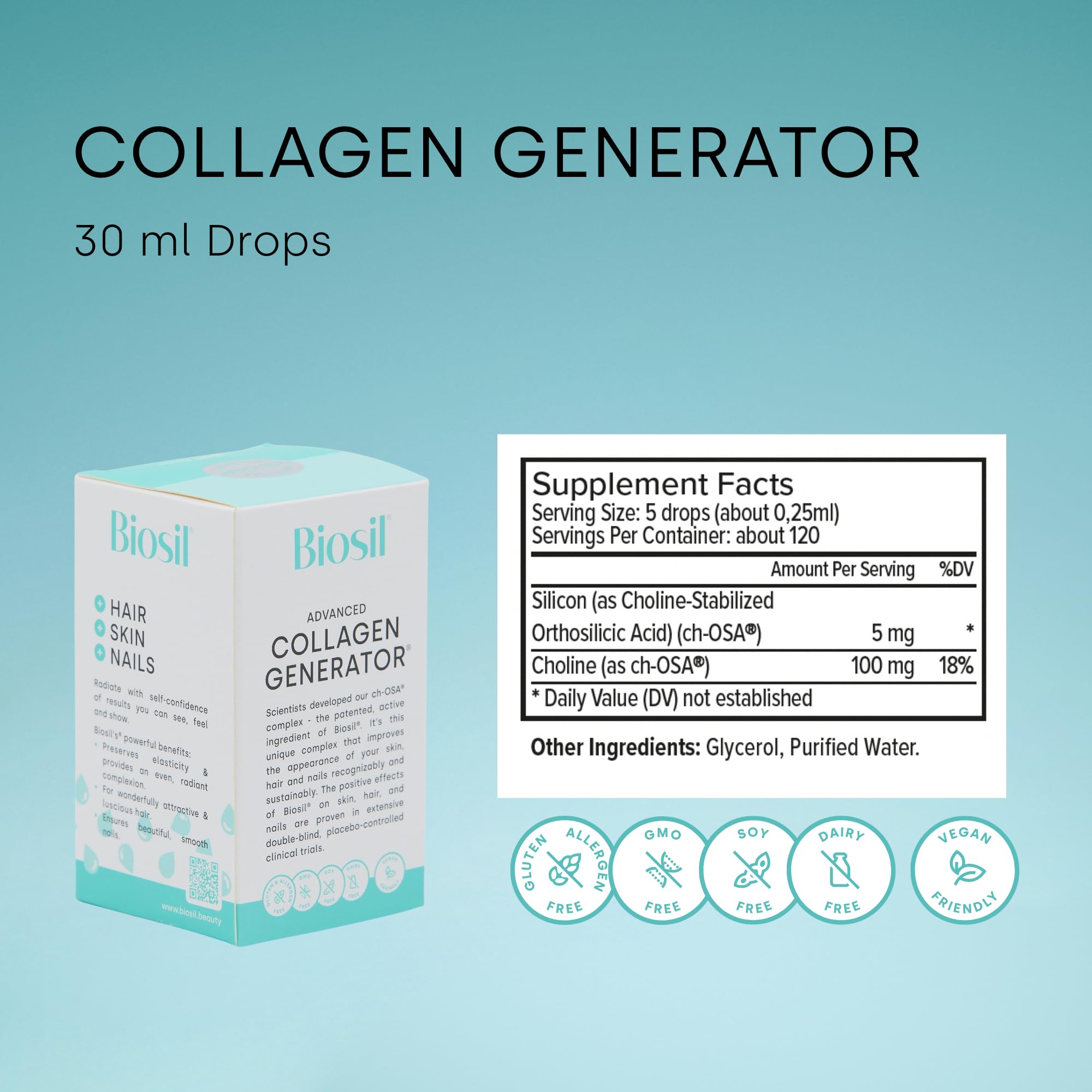 Biosil Collagen Generator - 1 fl oz Drops - with Patented ch-OSA Complex - Generates & Protects Your Own Collagen - GMO Free - 60-Day Supply