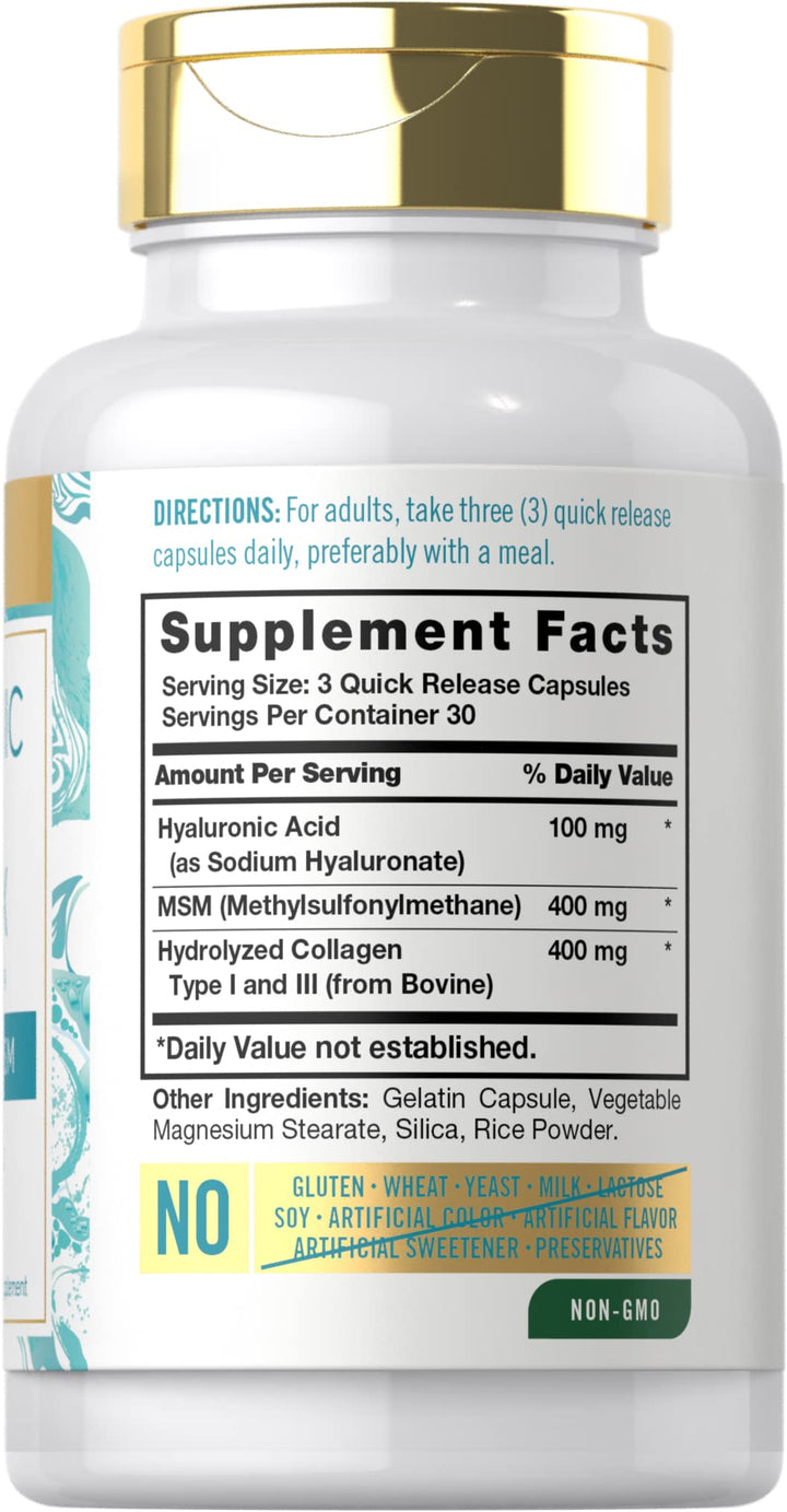 Carlyle Hyaluronic Acid Complex 900 mg | with Collagen and MSM | 90 Capsules | Non-GMO, Gluten Free Supplement