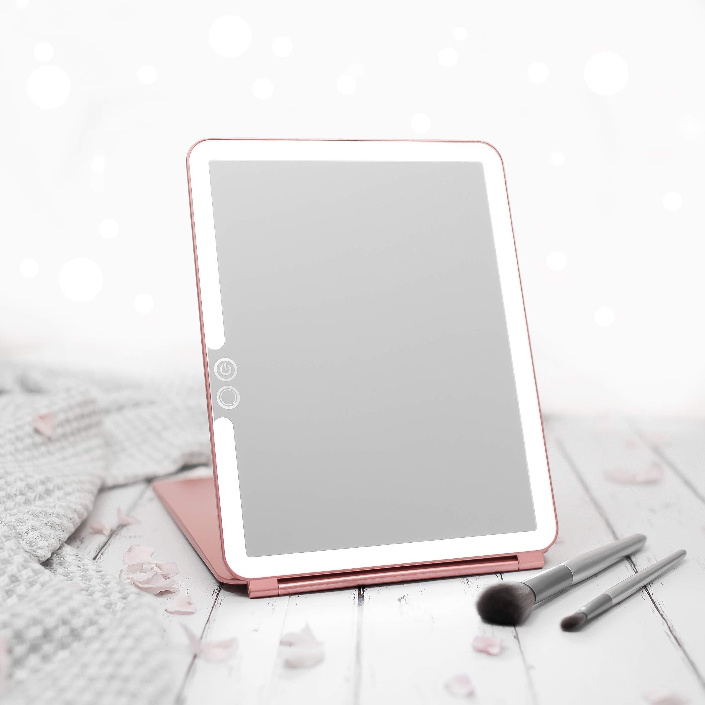 LUNA London Eclipse LED Lighted Travel Vanity Makeup Mirror | 3 Colour Light, Compact, Portable, Lighted, Rechargeable, Illuminated Mirror | Perfect for Travel, Makeup & Beauty Needs | Rose Gold