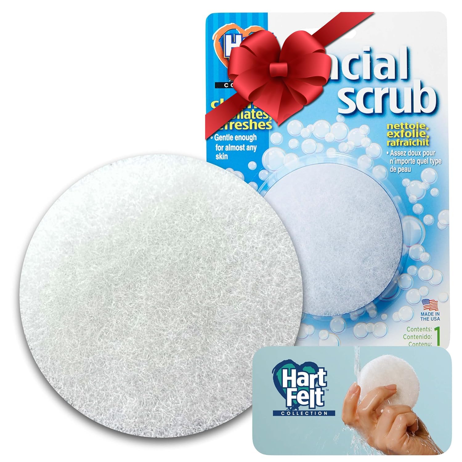 HartFelt Round Face Scrubber for Women | Reusable Facial Sponges for Daily Cleansing | Facial Exfoliating Pads for Removing Dead Skin, Dirt & Makeup | Use with Favorite Cream | Made in USA - 1 Count