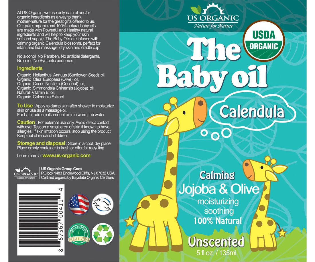 US Organic Baby Oil with Calendula, Jojoba, and Olive Oil with Vitamin E, USDA Certified Organic, No Alcohol, Paraben, Artificial Detergents, Color, Synthetic Perfumes, 5 fl. Oz (Pure Unscented)