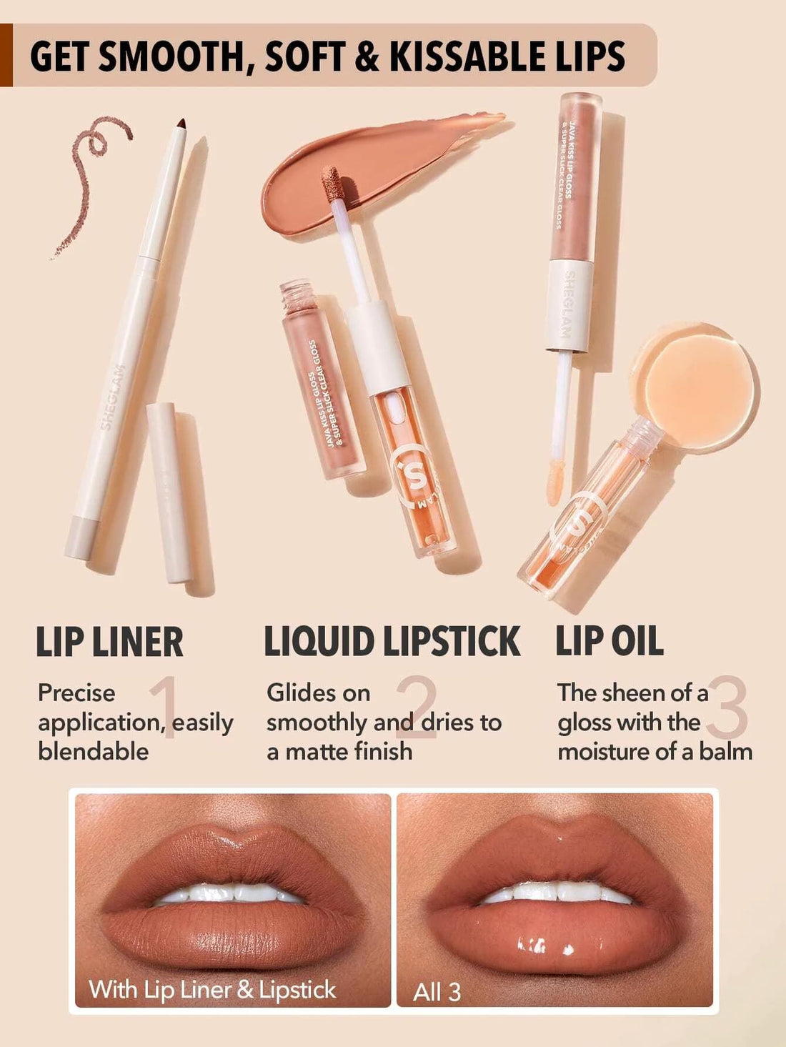 SHEGLAM Soft 90'S Glam 3-In-1 Lip Liner Moisturizing Plant Extracts Long Lasting Liquid Lipstick Plumping Lip Gloss Makeup Set - Haute Cocoa