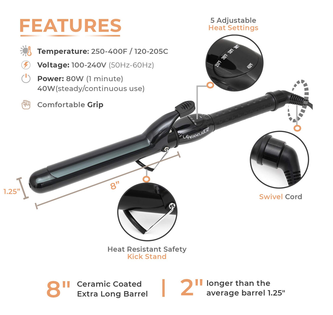 Le Angelique 1 1/4 Inch Curling Iron with Clip - 8 Extra Long Barrel, 400F 360F 320F 285F 250F Temperature Set, Cool Tip, Cooling Stand, Ceramic Coating, Dual Voltage Professional Hair Wand 32mm