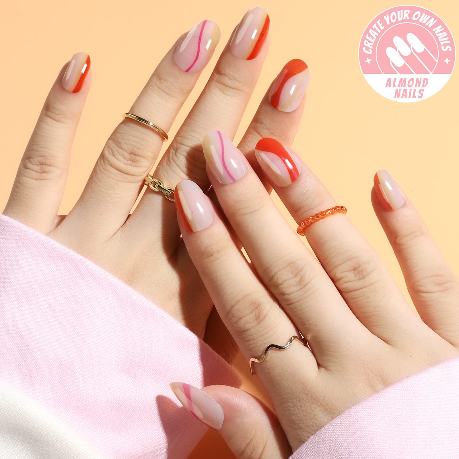 Teenitor Short Oval Nails Red Abstract Swirl Press On Nails Cute Designs Glue On Nails, Oval Short Press On Nails With Designs, 24pcs Reusable Short Acrylic Fake Nails with Glue