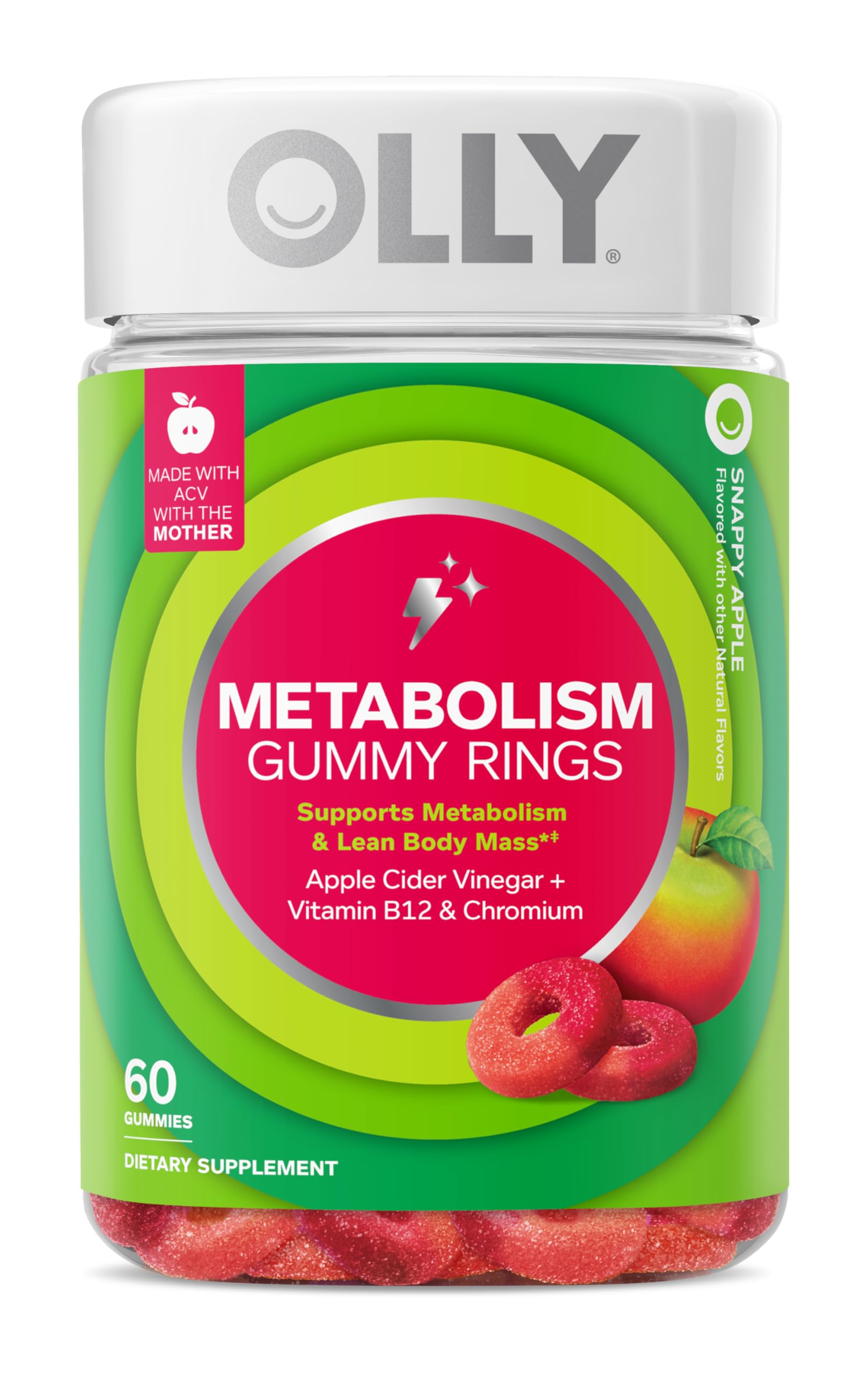 OLLY Metabolism Gummy Rings, Metabolism and Cellular Energy Chewable Supplement,* Apple Cider Vinegar, Vitamin B12, Chromium Picolinate, Apple Flavored, 60 Day Supply - 60 Count