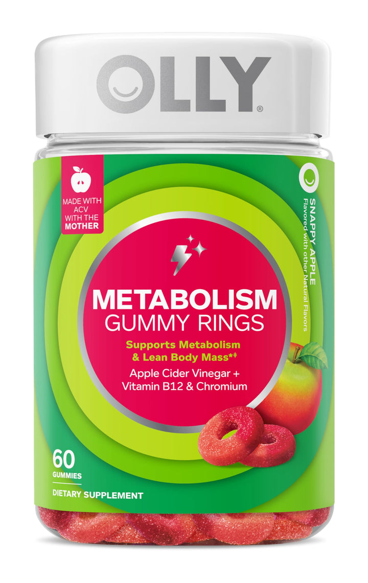 OLLY Metabolism Gummy Rings, Metabolism and Cellular Energy Chewable Supplement,* Apple Cider Vinegar, Vitamin B12, Chromium Picolinate, Apple Flavored, 60 Day Supply - 60 Count