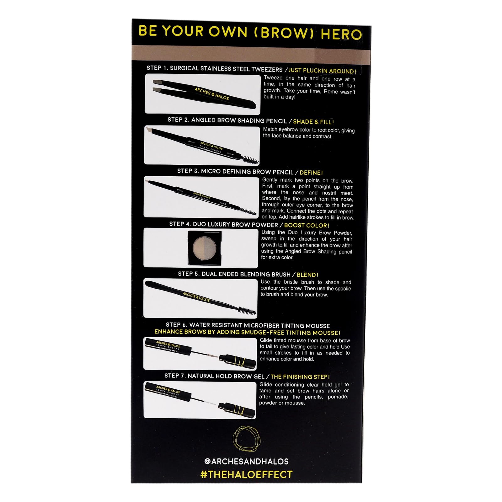 Arches and Halos Ultimate Hero Eyebrow Styling Makeup Kit, Pencil, Gel, Shading, Powder, Mousse, Natural & Bold Precise Brow Shaper, Hypoallergenic, Vegan, Light, Brown, 7 Count