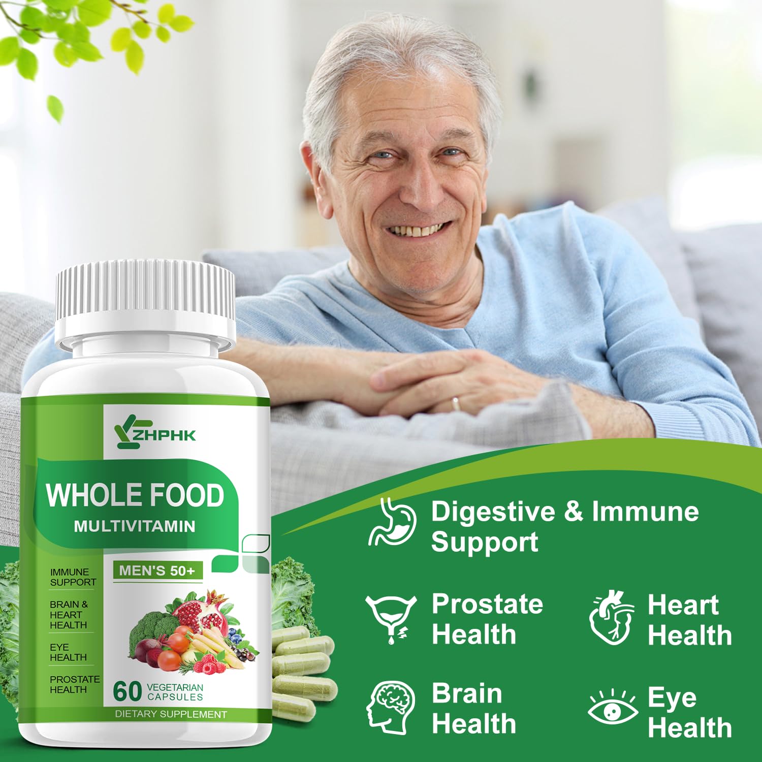 ZHPHK Mens Multivitamins 50 Plus, Whole Food Multivitamin Organic Natural Foods Mens Vitamins Multivitamin Men 50+ for Brain, Heart and Eye Health, Improve Digestion & Prostate Health, 60 Capsules