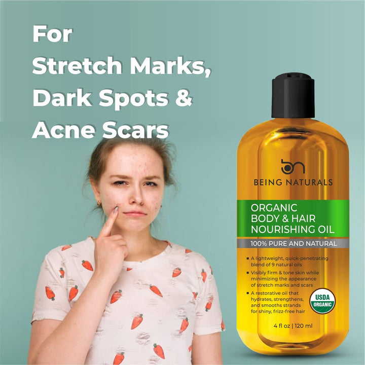 Being Naturals Organic Hair & Body Oil- for Stretch Marks, Dark Spots & Acne Scars with 9 Essential Oils & Omega 3 ;Firm & Tone Skin ; Body, Face& Hair Moisturizer - 4 fl oz