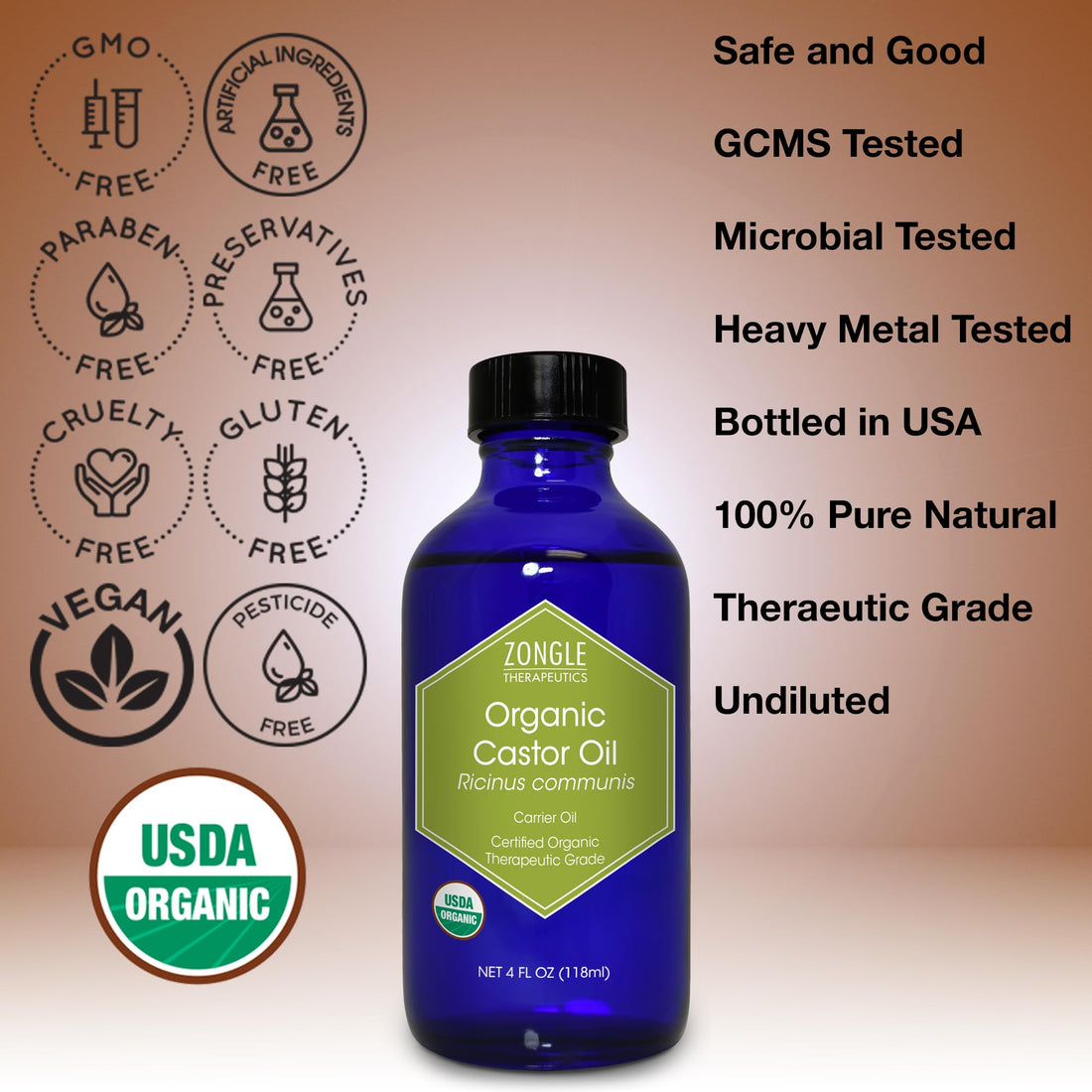 Organic, Castor Oil, Therapeutic Grade, for Constipation – 100% Pure, Castor Oil, Cold Pressed, Unrefined, in Glass Bottle, for Face, Hair Growth, Eyelashes, by Zongle Therapeutics, 4 OZ