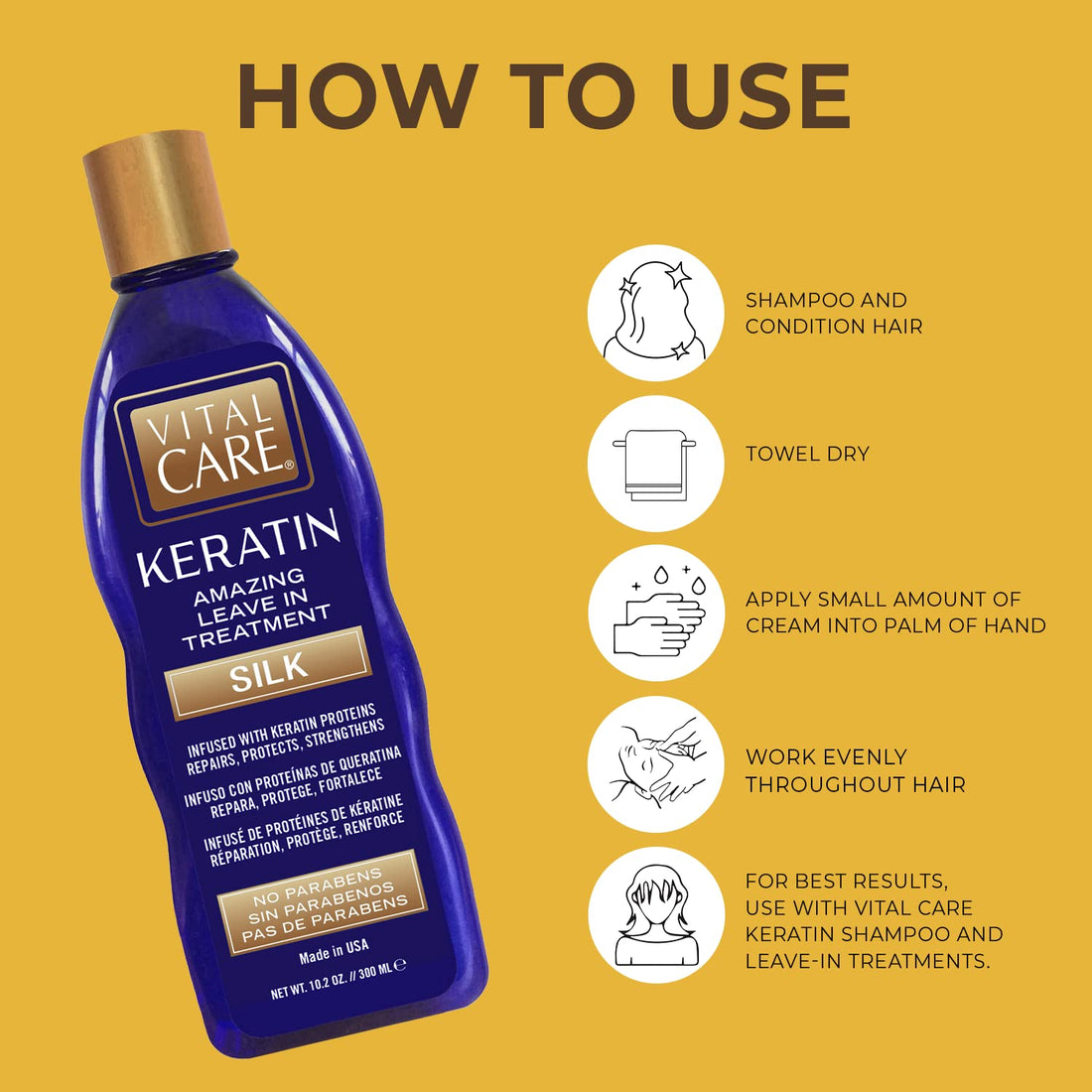 Vital Care Keratin Amazing Leave-In Treatment Silk - Gentle Keratin Complex Hair Treatment is Non-Stripping for Daily Use, Hydrating & Repairing - Abyssinian, Avocado & Sunflower Seed Oil