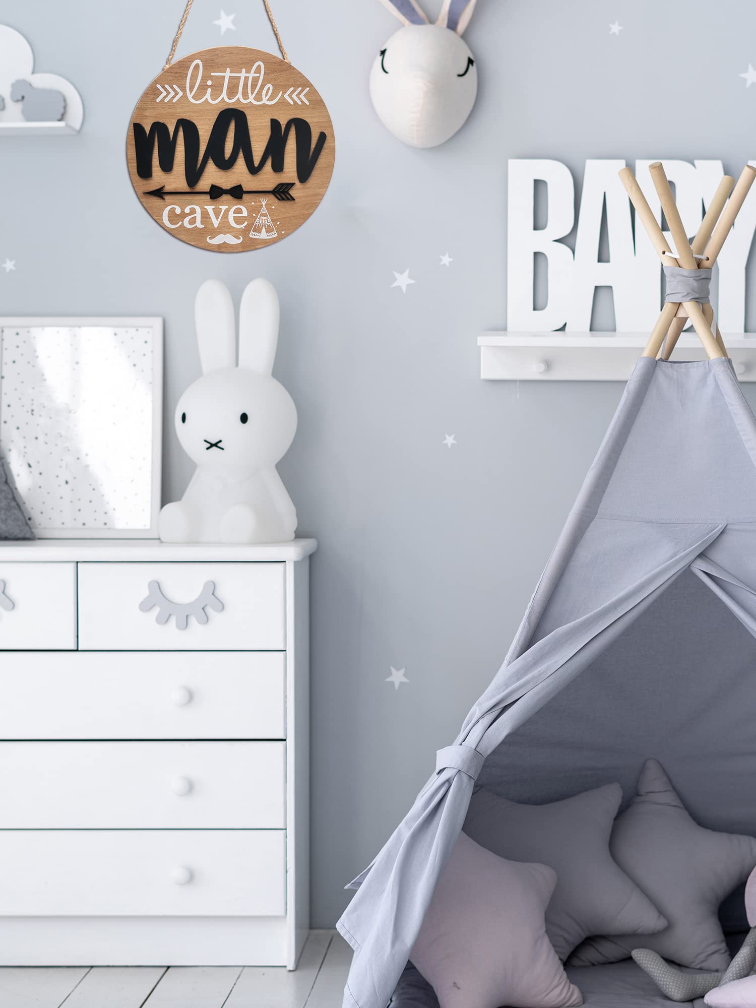 Little Man Cave Boys Baby Toddler Room Decor Wooden Circle Door Sign for Hanging Woodland Nursery Decor Little Boy Kids Bedroom Living Room Wall Decor