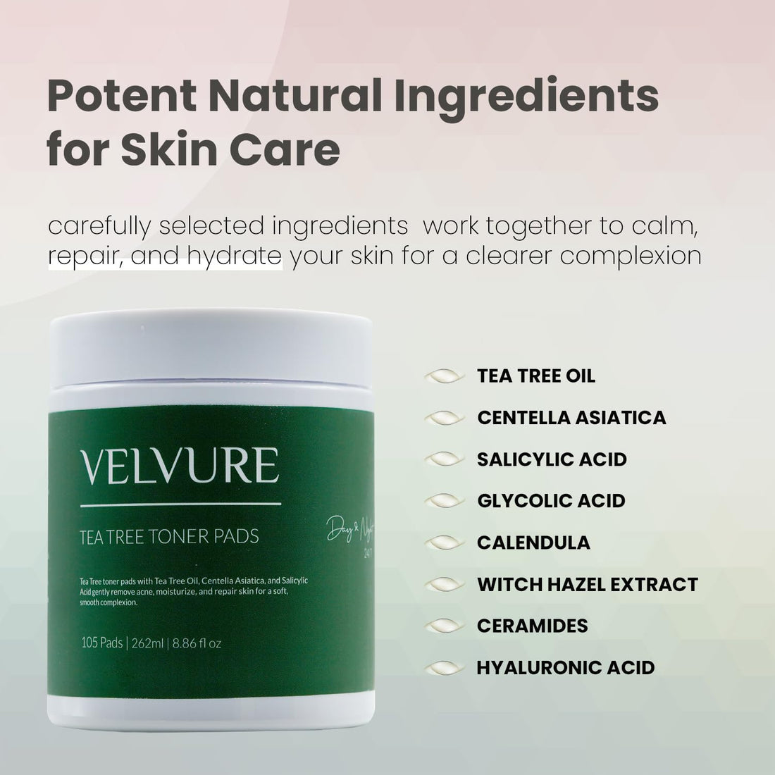Velvure - Tea Tree Toner Pads - 105 Pads - Well Soaked & Wet - Dual Sided - Saliclyic Acid - for Exfoliation, Hydration & Acne Treatment - Soothing Irritated Skin & Inflammation - for All Skin Types