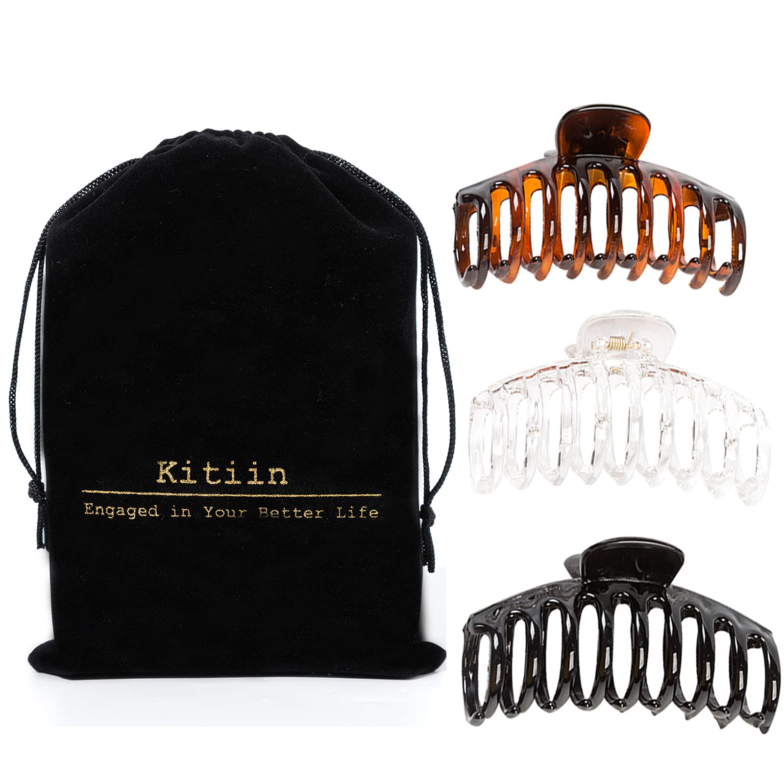 Kitiin Strong hold hair claw clips for women thick hair, 3 counts in set of black/tortoise shell Brown/Clear resin hair clips large size (Plain)