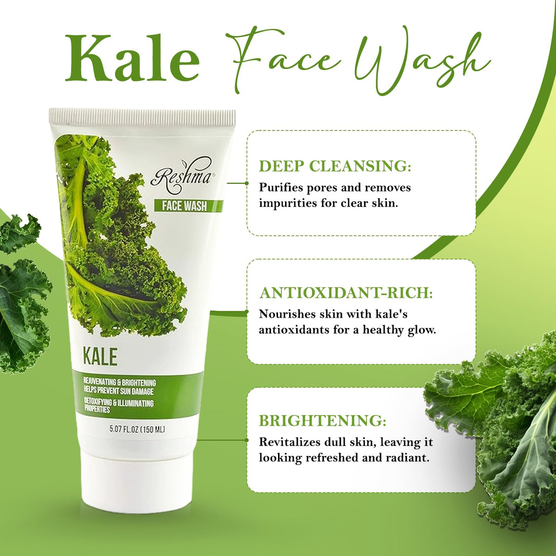 Reshma Beauty Kale Face Wash | Cleanser for All Skin Types & Dull Skin |Purifying and Hydrating| Enhances Natural Glow| Cruelty Free | Removes Make Up| For Daily Use - Cruelty Free(Pack of 1), 5.07 oz
