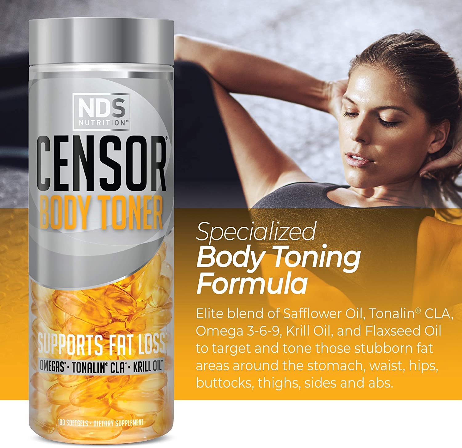 NDS Nutrition Censor - Fat Loss and Body Toner with CLA, Fish Oil, Safflower and Omega 3-6-9 Blend - Dietary Supplement for Improved Energy, Metabolism and Health - 180 Softgels
