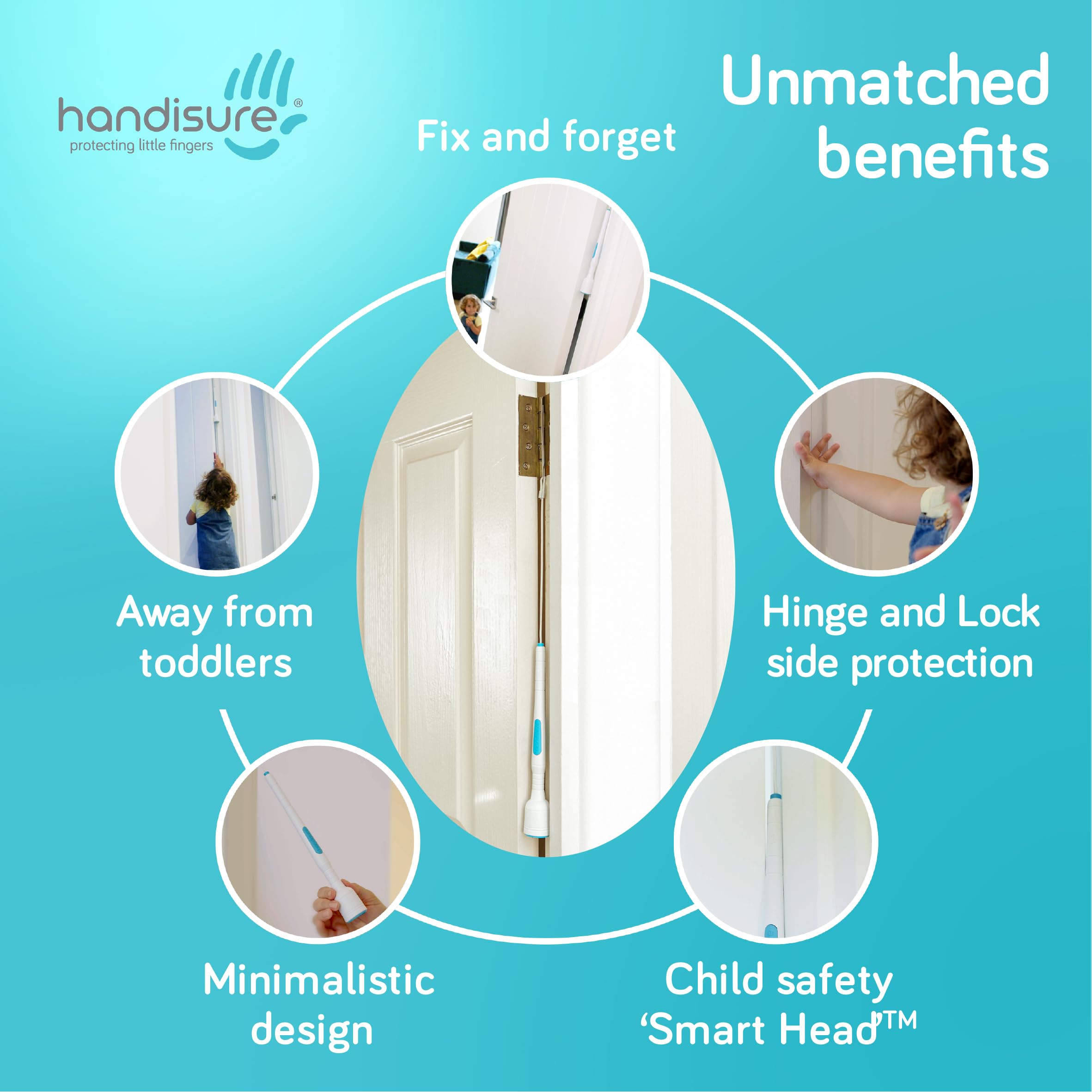 Handisure Child Door Safety Door Pinch Guard. Automatic, Hinge & Lock Side Safety, Reliable, Multiple Awards & Unique, Baby Door Stopper. Easy to Install & Build to Last Finger Guard for Door