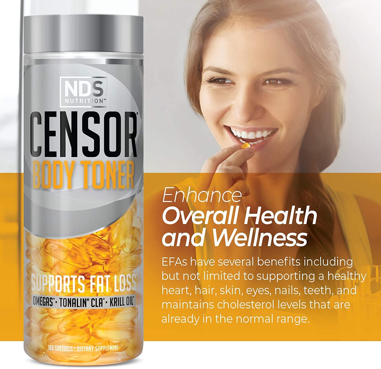 NDS Nutrition Censor - Fat Loss and Body Toner with CLA, Fish Oil, Safflower and Omega 3-6-9 Blend - Dietary Supplement for Improved Energy, Metabolism and Health - 180 Softgels