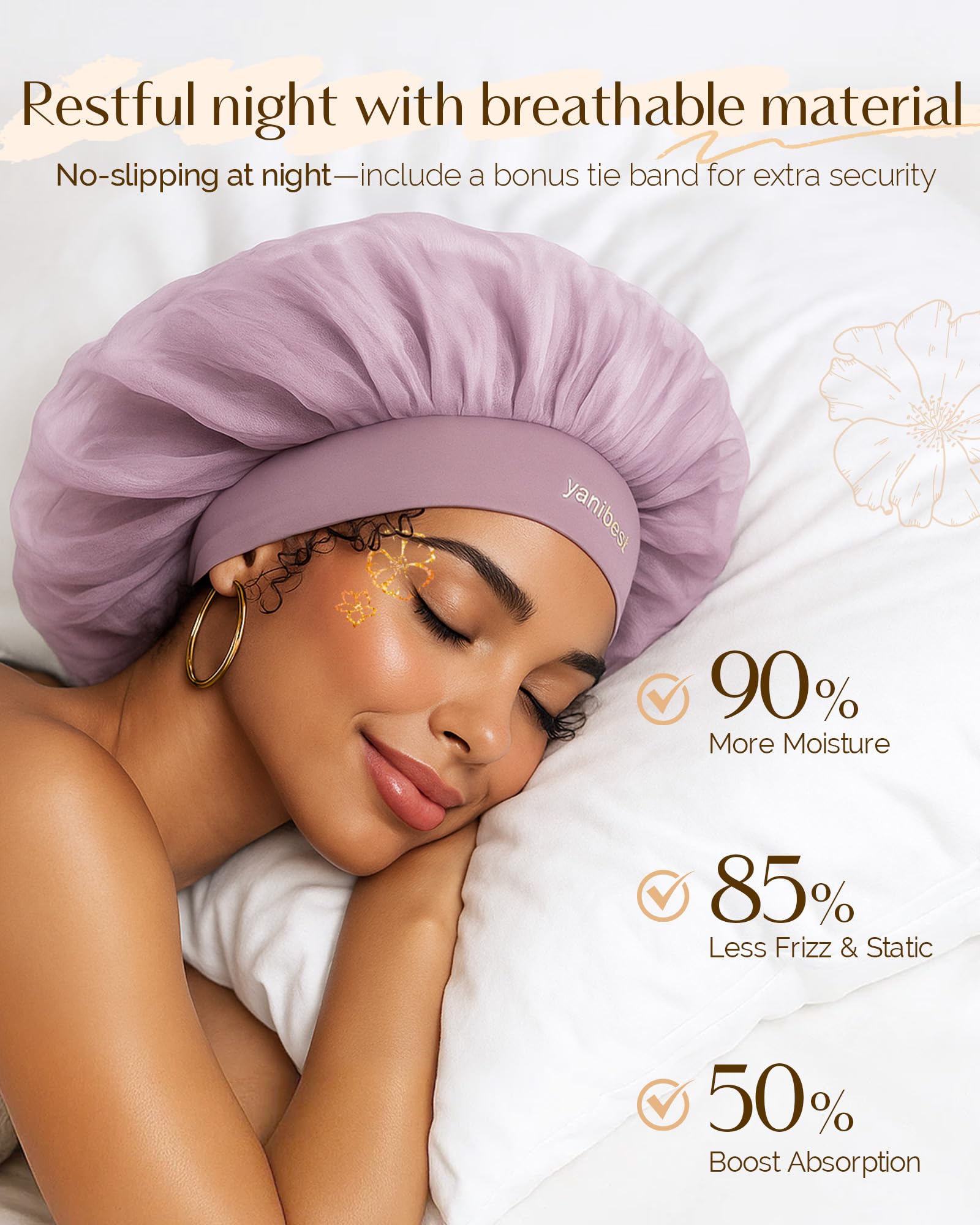 YANIBEST Breathable Silk Bonnet for Sleeping, Butter-Satin Bonnet Sleep Cap to Reduce Frizz, Lightweight Hair Wrap Curly Hair, Purple