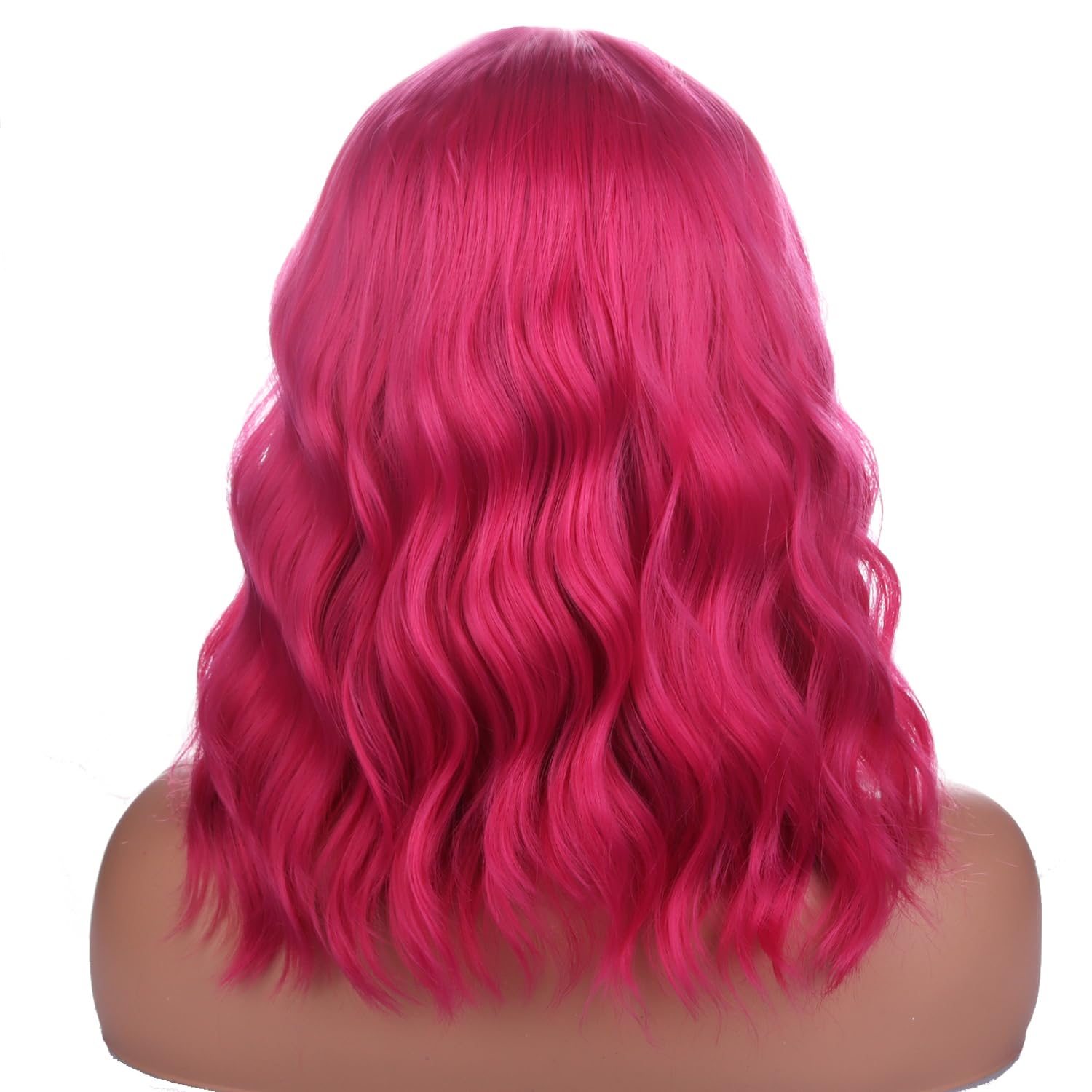 Hot Pink : RightOn 14’’ Short Curly Women Girl’s Charming Synthetic Wig with Air Bangs + Free Wig Cap + Free Comb (Hot Pink)