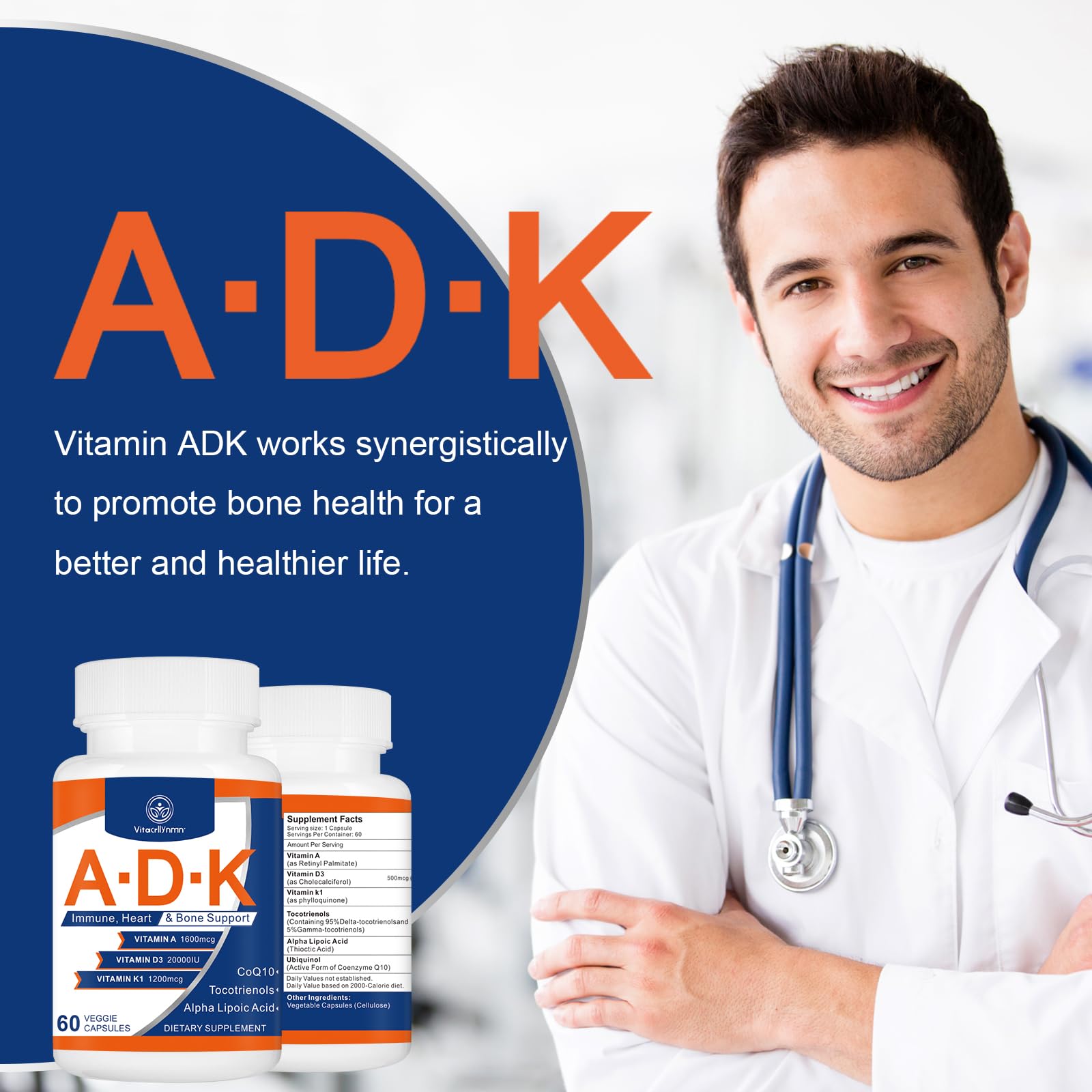 VITACRLLYNMN ADK Vitamin Supplement 20000 IU - High Potency Vitamins A, D3 and K1 for Heart, Bone Health and Immune Support Vitamin ADK 60 Capsules