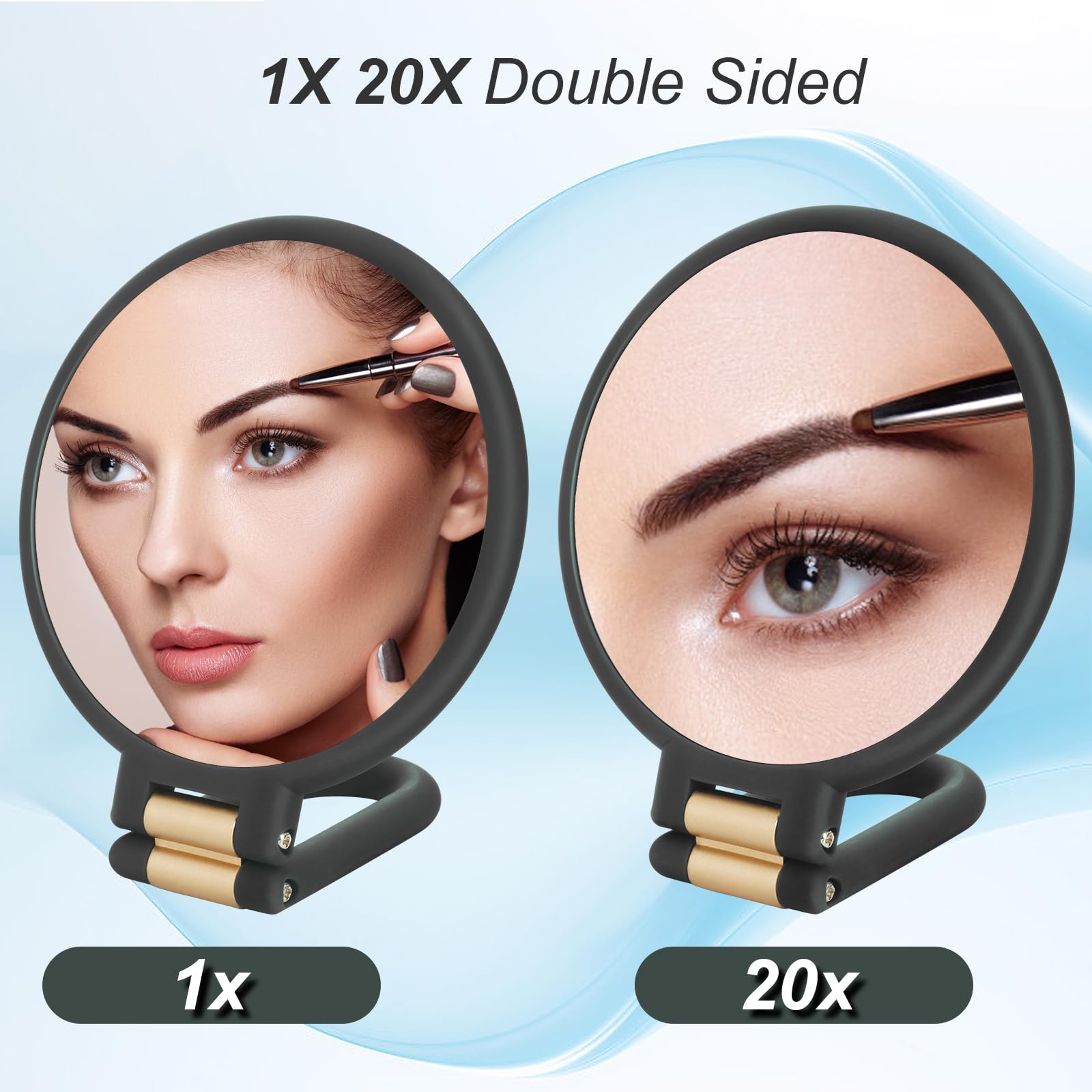Martvex 1x 20x Magnifying Travel Mirror, Hand Mirror with Handle - Double Side Hand Held Mirror with 1x 20x Magnification & Foldable Handle, Portable Travel Makeup Hand Mirror for Women (Black)