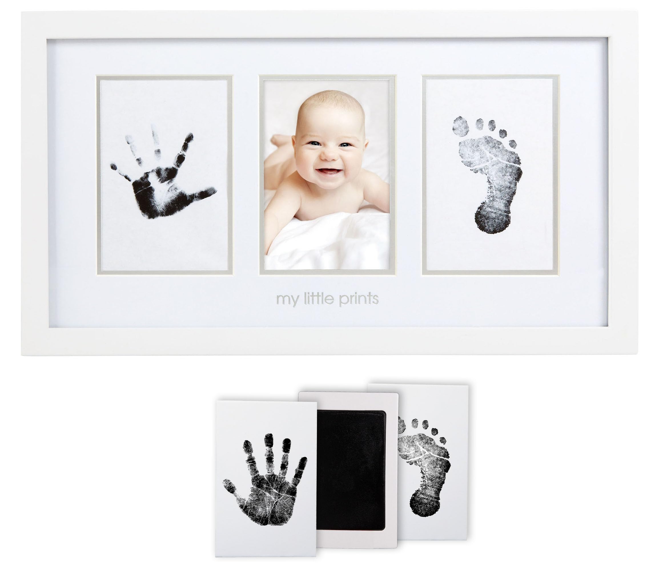Pearhead Baby Hand and Footprint Kit - Inkless No Mess Clean-Touch Ink Pad, Newborn Keepsake Frame, Nursery Decor Essentials, Perfect Shower Gift for Boys and Girls, White