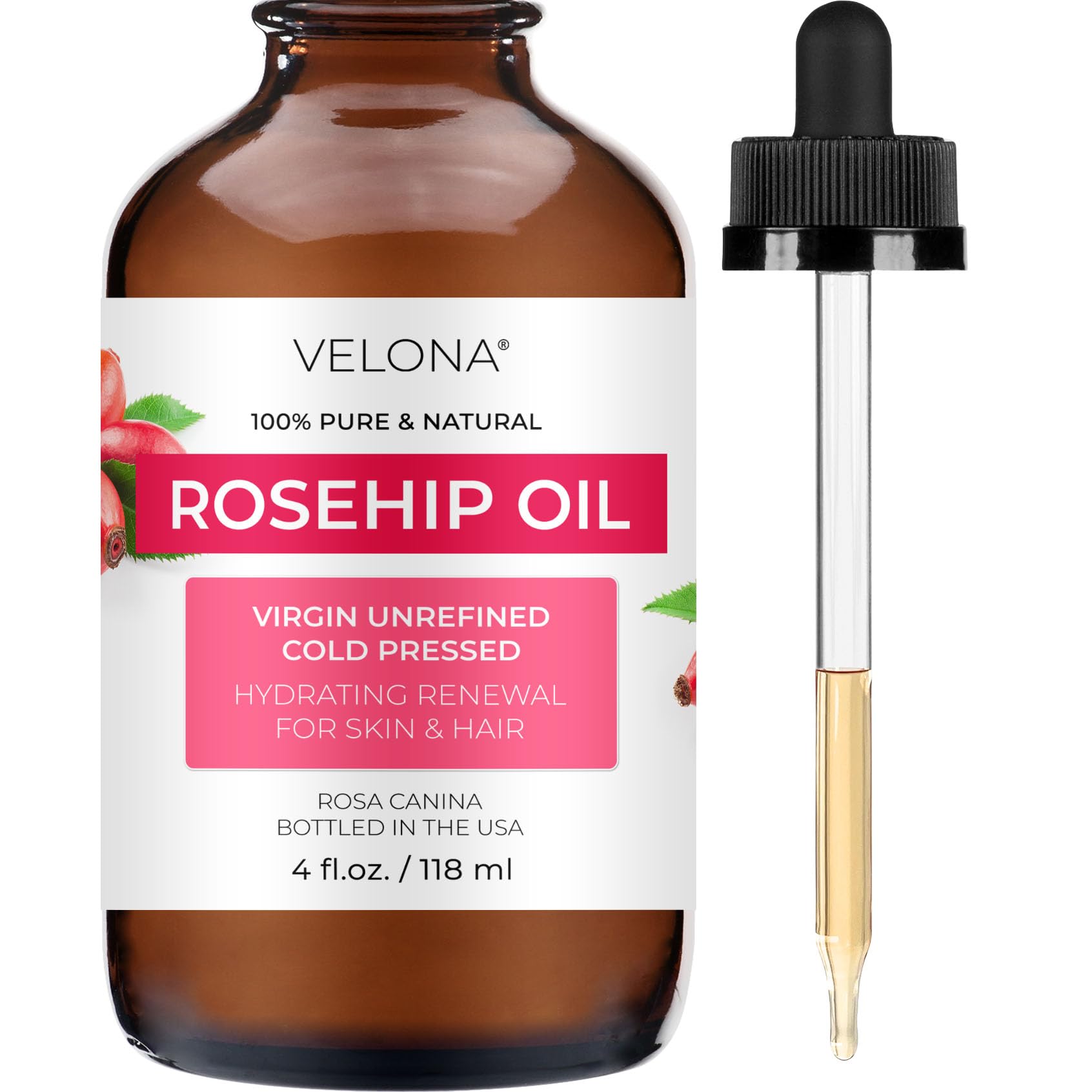velona Rosehip Oil - 4 fl oz | 100% Pure and Natural Carrier Oil| Unrefined, Cold Pressed, Hexane Free | Moisturizing Face, Hair, Body, Skin Care, Stretch Marks, Scars…