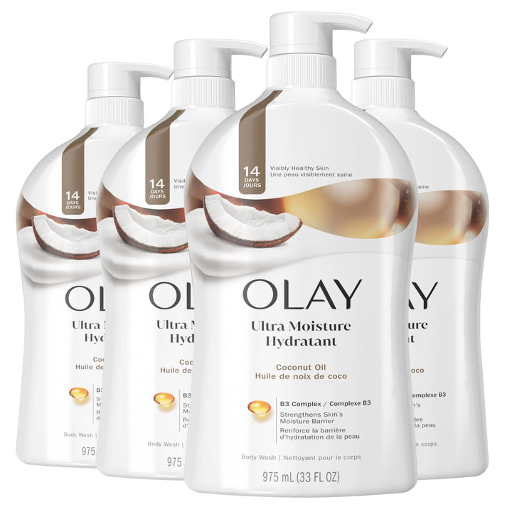 Olay Body Wash for Women, Ultra Moisture, 24hr Moisturizing, Hydrating & Refreshing, B3 Vitamin Complex, Free of Parabens & Phthalates, For All Skin Types, Coconut Oil Scent, 33 fl oz (Pack of 4)
