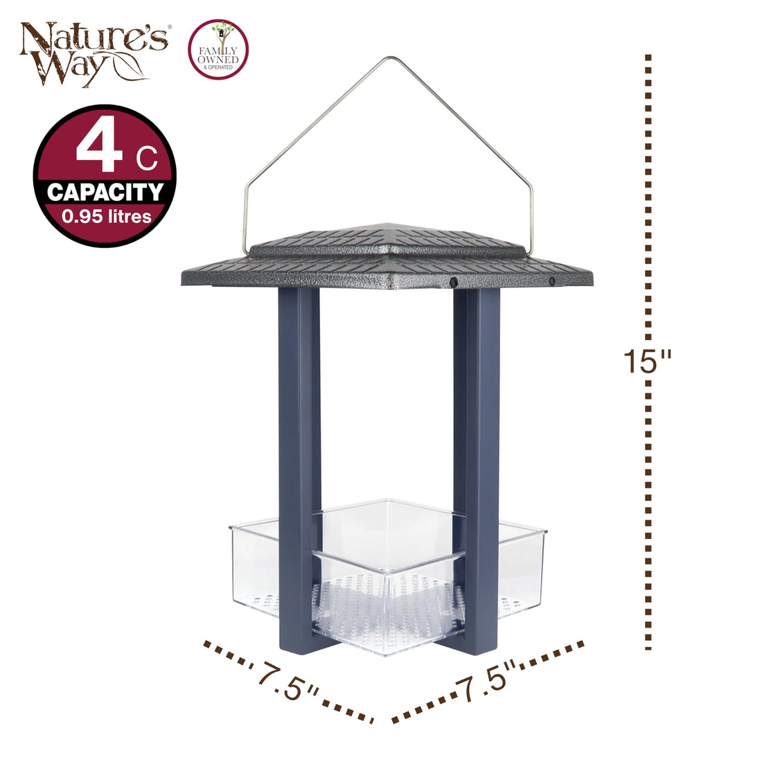 Nature's Way Fly-in Hanging Metal Fly Through Bird Feeder with Roof, 4 Cup, Easy to Clean and Fill, Wild Bird Feeder and Outdoor Décor, Blue