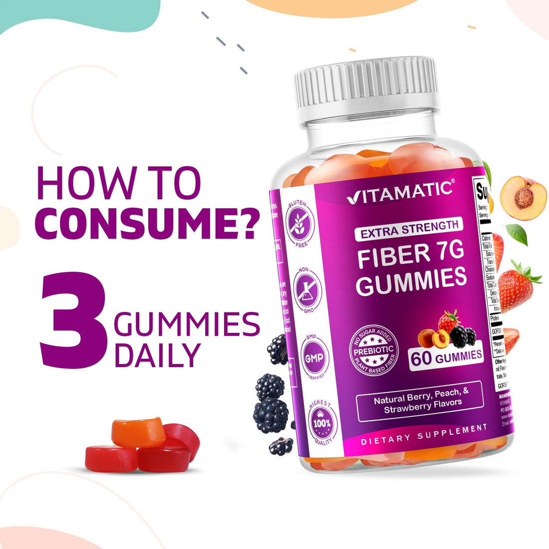 Vitamatic 2 Pack Prebiotic Fiber Gummies for Adults - 7G Fiber Extra Strength - Zero Sugar Added - 60 Pectin Based Gummies - Digestive Health & Regularity Support, (Total 120 Count)