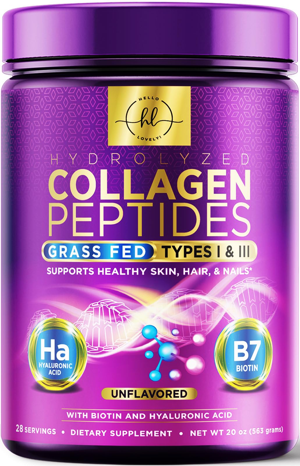 Hello Lovely! Collagen Peptides Powder - Unflavored Grass Fed Collagen Powder Type I & III Collagen Supplements with Hyaluronic Acid & Biotin - Hair, Nail, Skin, Bones & Joint Support - 28 Servings