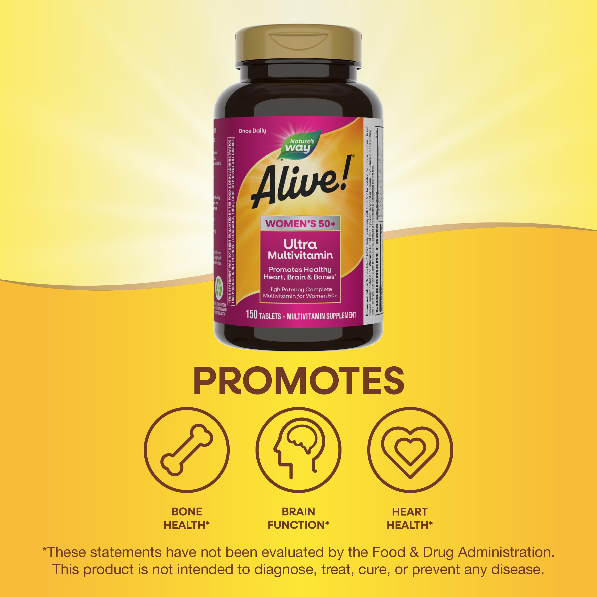 Nature’s Way Alive! Women’s 50+ Ultra Potency Complete Multivitamin, High Potency Formula, Promotes Healthy Heart, Brain, Bones*, with Methylated B12, Gluten-Free, 150 Tablets (Packaging May Vary)