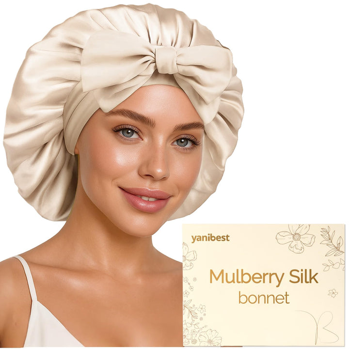 Yanibest 22 Momme 100% Mulberry Silk Bonnet for Sleeping Women Double Layer Sleep Bonnet with Tie for Long Curly Hair,Silk Sleep Cap
