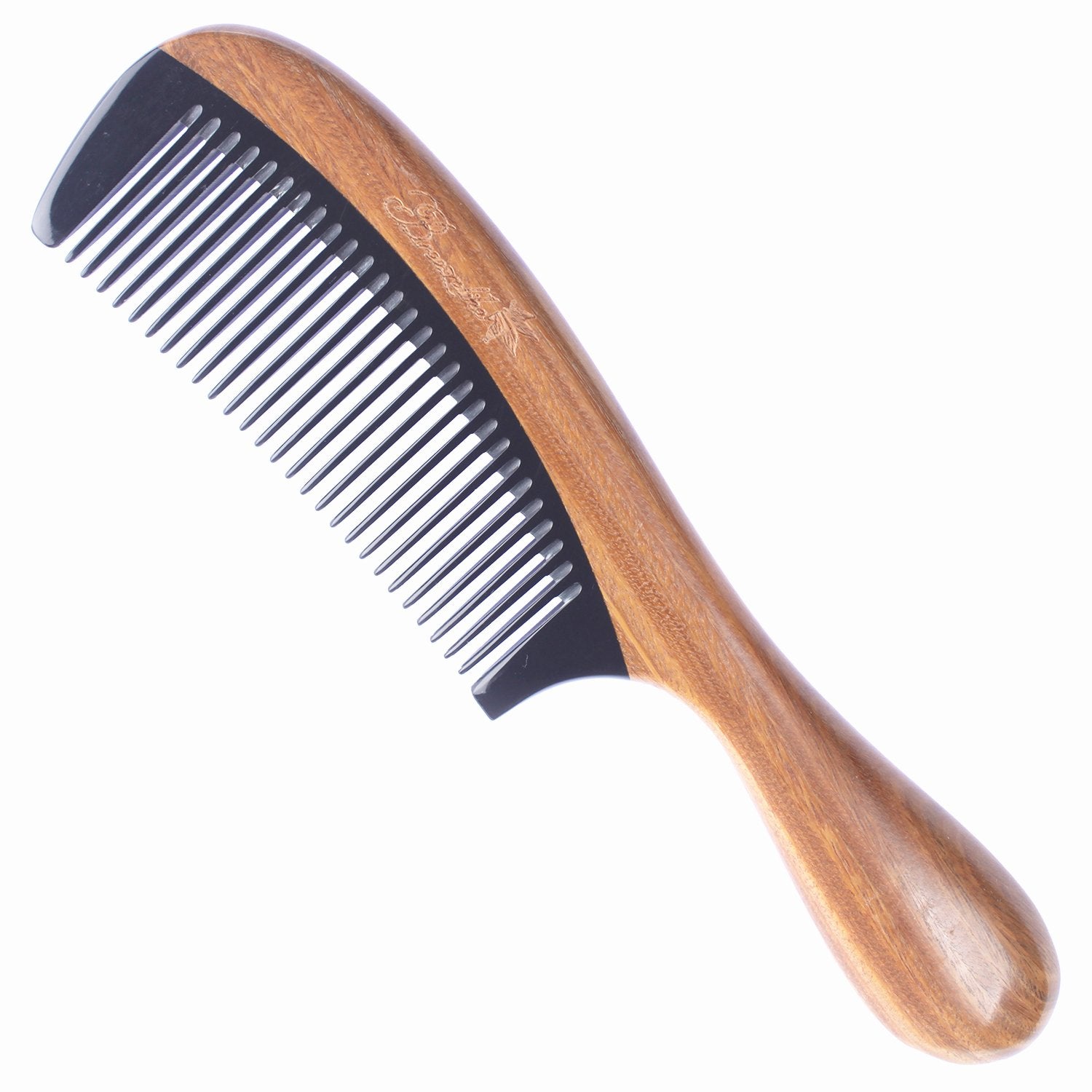 Breezelike No Static Black Buffalo Horn Fine Tooth Comb with Round Sandalwood Handle