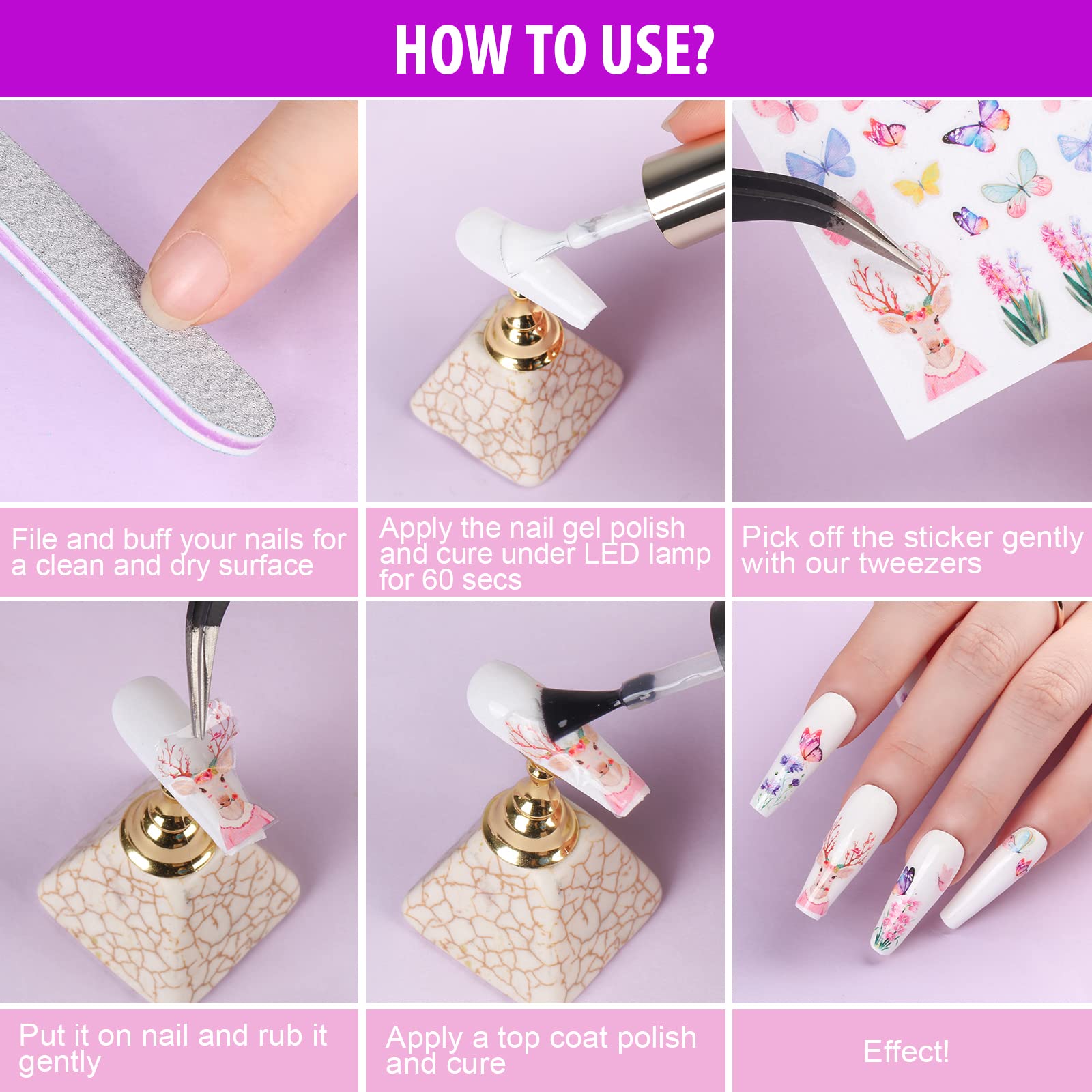 Teenitor Nail Art Stickers Self-Adhesive, 12 Sheets Flower Nail Stickers Butterfly Nail Decals Nail Stickers for Kids Flower Butterfly Stars Fruits Leaves Nail Decoration Stickers for Women Kids