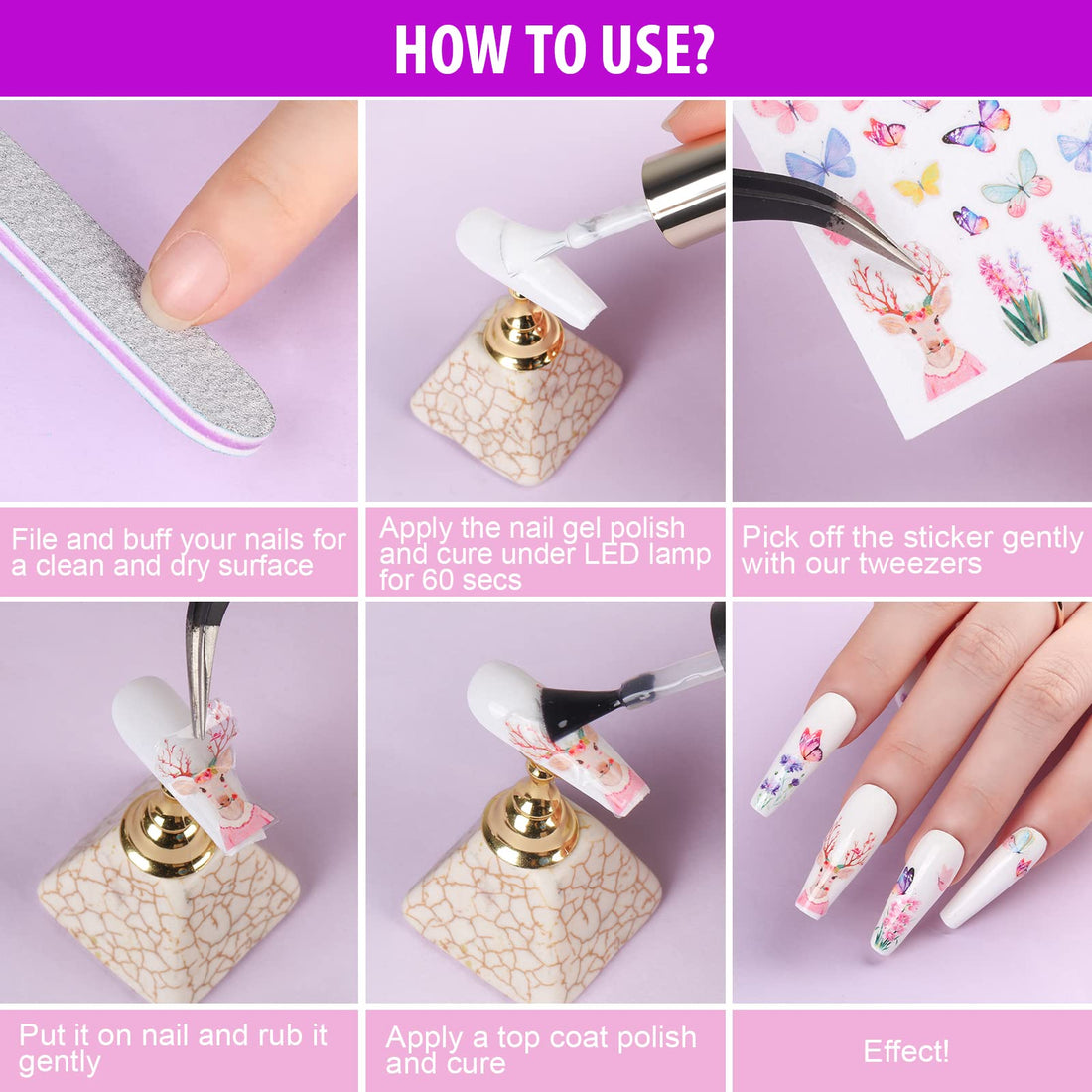 Teenitor Nail Art Stickers Self-Adhesive, 12 Sheets Flower Nail Stickers Butterfly Nail Decals Nail Stickers for Kids Flower Butterfly Stars Fruits Leaves Nail Decoration Stickers for Women Kids