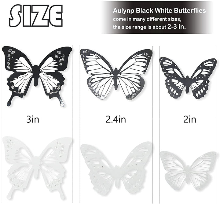 36 PCS 3D Colorful Crystal Butterfly Wall Stickers with Adhesive Art Decal Satin Paper Butterflies Baby Kids Bedroom Home DIY Decor Removable Sticker (Black and White)