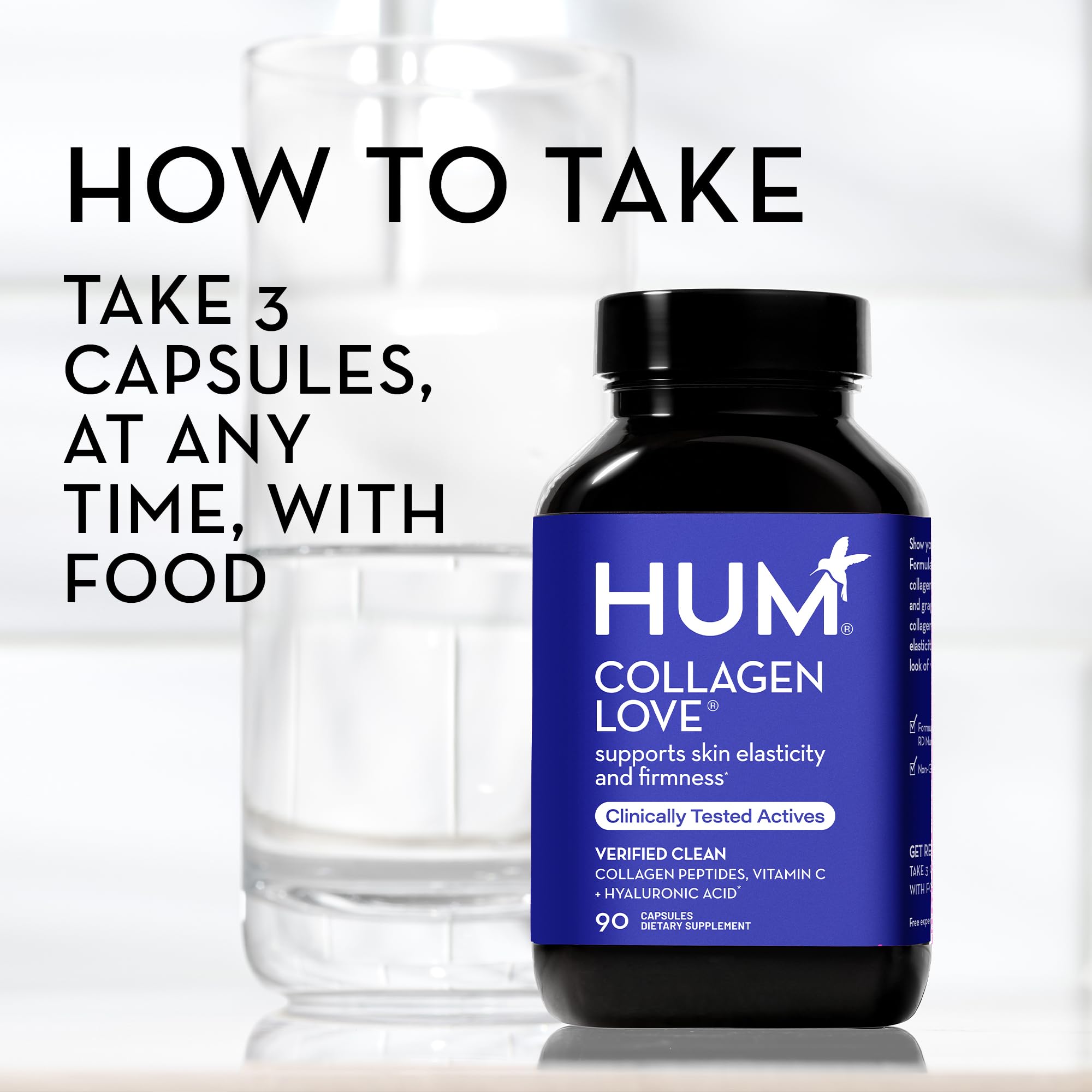 HUM Collagen Love Skin Supplement - Collagen Peptides w/Hyaluronic Acid & Vitamin C, Supports Firm Skin & Helps Minimize Signs of Aging - Skin Supplements for Women and Men (90-Count)