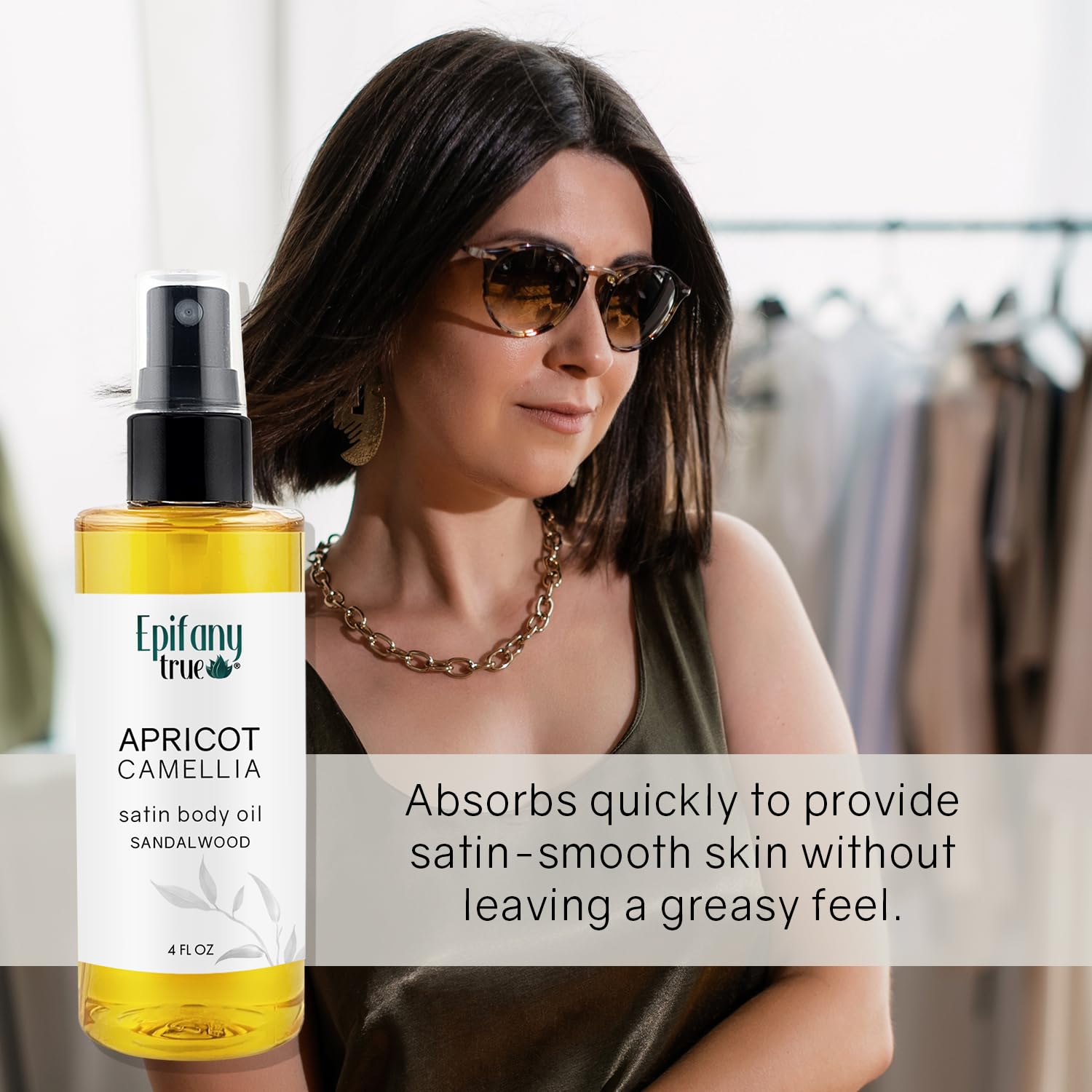 Epifany True Apricot & Camellia Satin Body Oil 4oz | Nourishing Vitamin-E Rich in Antioxidants | Dry Skin Moisturizer | Promotes Skin Elasticity | After Bath Body Oil for Men & Women