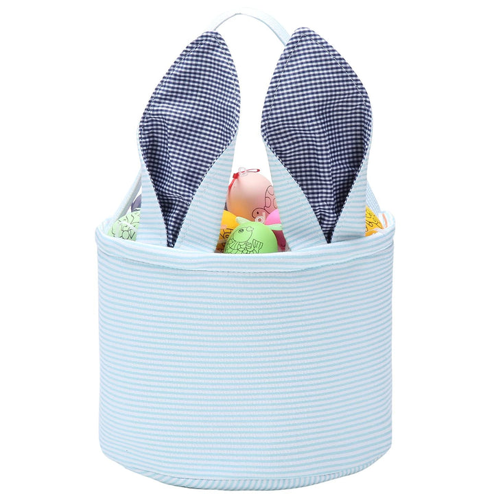 Easter Bunny Basket Seersucker Egg Bags for Kids,Personalized Candy Egg Basket Rabbit Print Buckets with Fluffy Tail Gifts Bags for Easter……