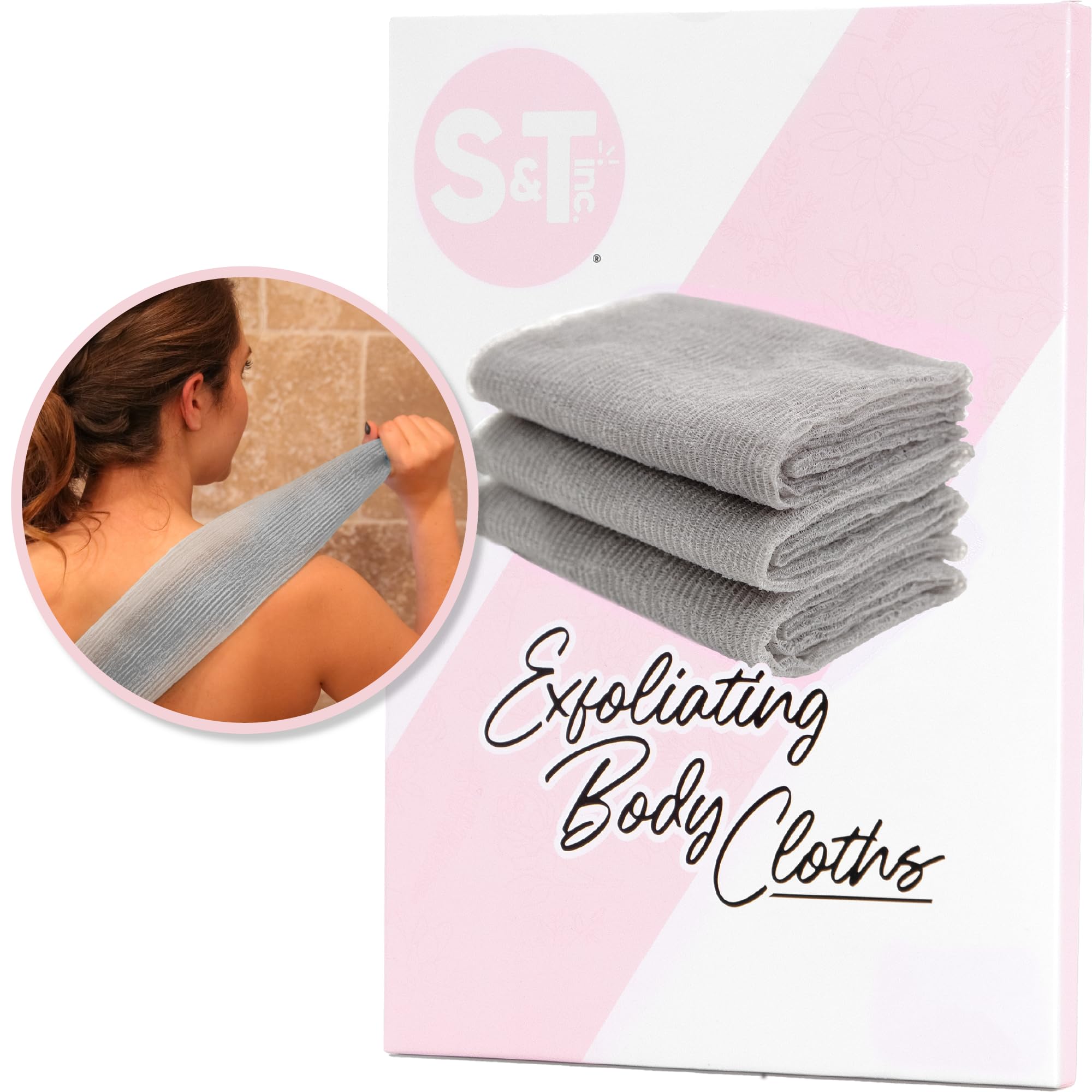 S&T INC. 518301 Body Exfoliating Cloths - 11.8 Inch X 35.4 Inch, Grey, 3 Pack, 3 Count