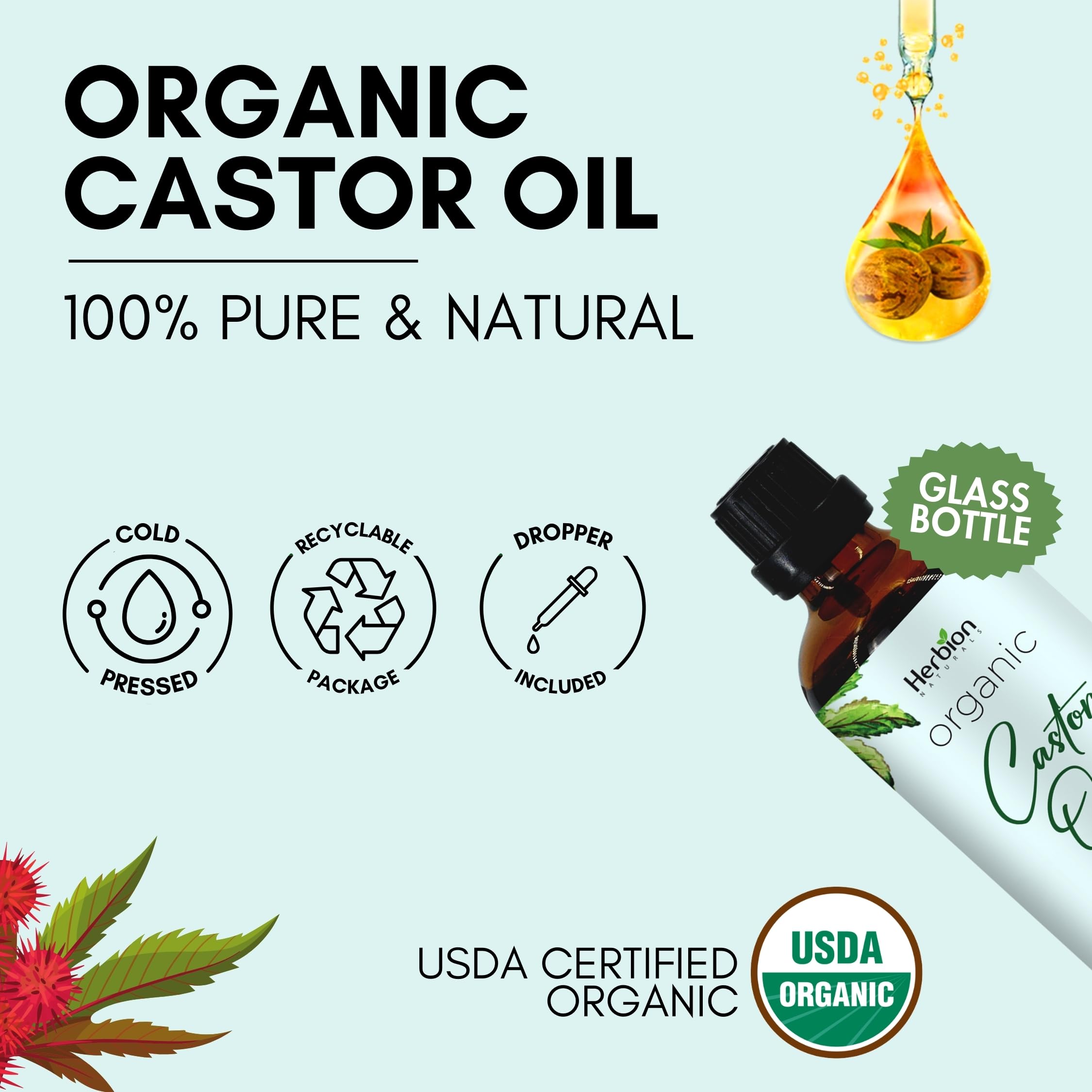 Herbion Naturals Organic Castor Oil (3.3 oz) USDA Certified, 100% Pure, Cold Pressed, Hexane-Free. Boosts Growth of Hair, Lashes, Eyebrows. Skin Moisturizer & Hair Treatment. Glass Bottle with Dropper
