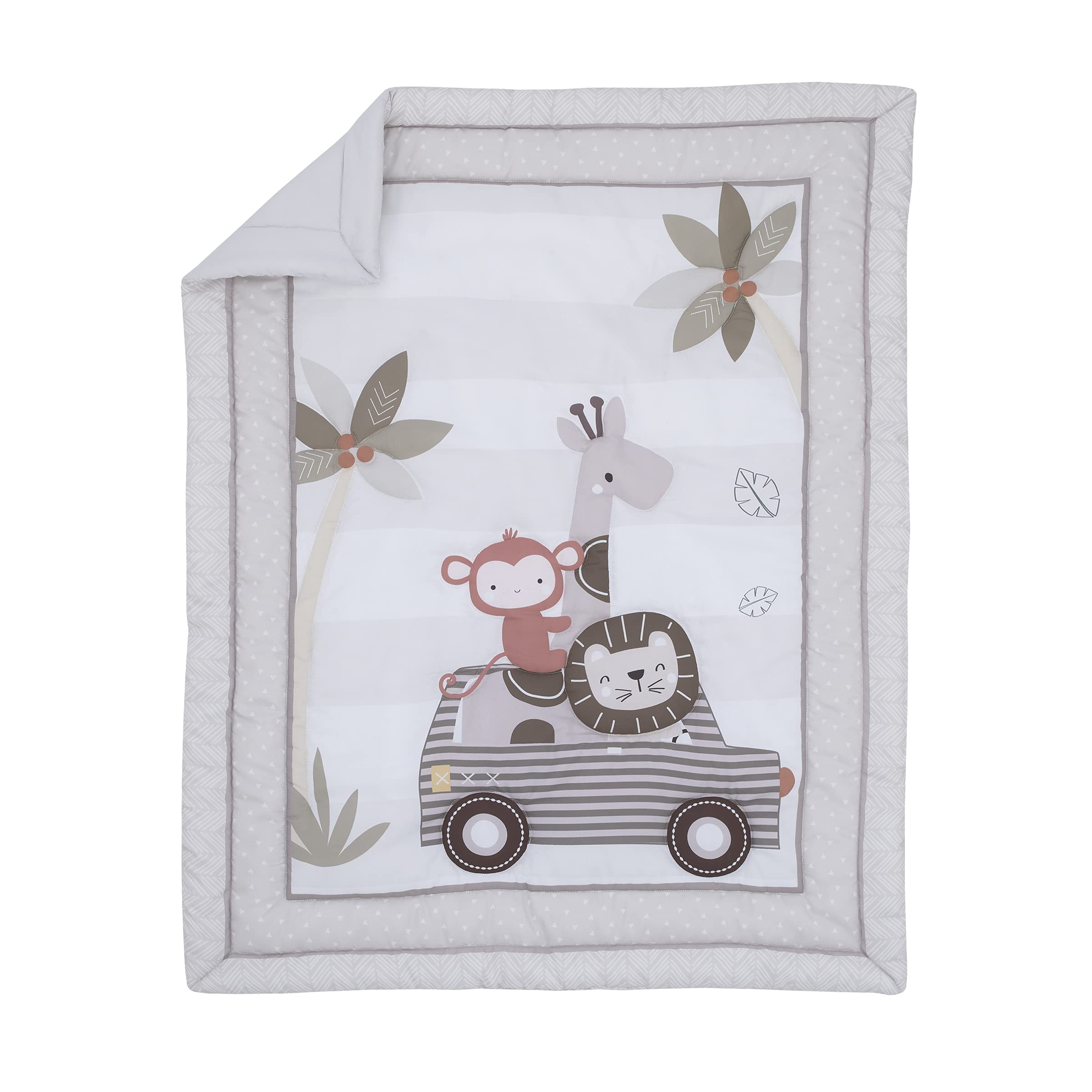 Little Love by NoJo Jungle Ride Grey, White and Brown, Monkey, Giraffe and Lion 3 Piece Nursery Mini Crib Bedding Set - Comforter, Two Fitted Mini Crib Sheets
