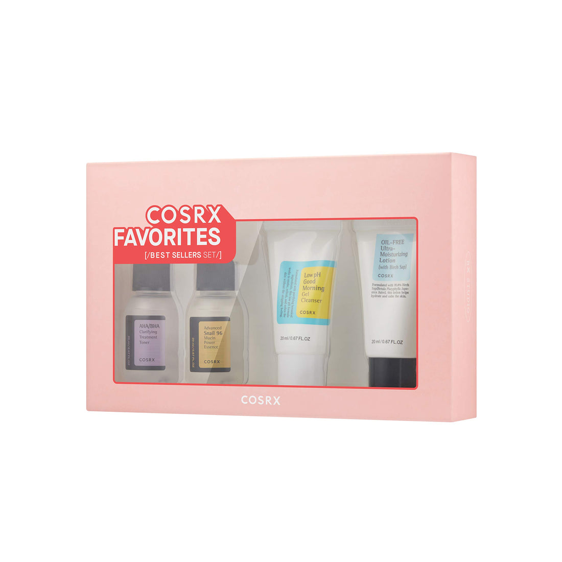 COSRX Favorites Best Sellers Set - Mini Sized Low pH Good Morning Gel Cleanser, AHA/BHA Clarifying Treatment Toner, Advanced Snail 96 Mucin Power Essence, Oil-Free Ultra Moisturizing Lotion